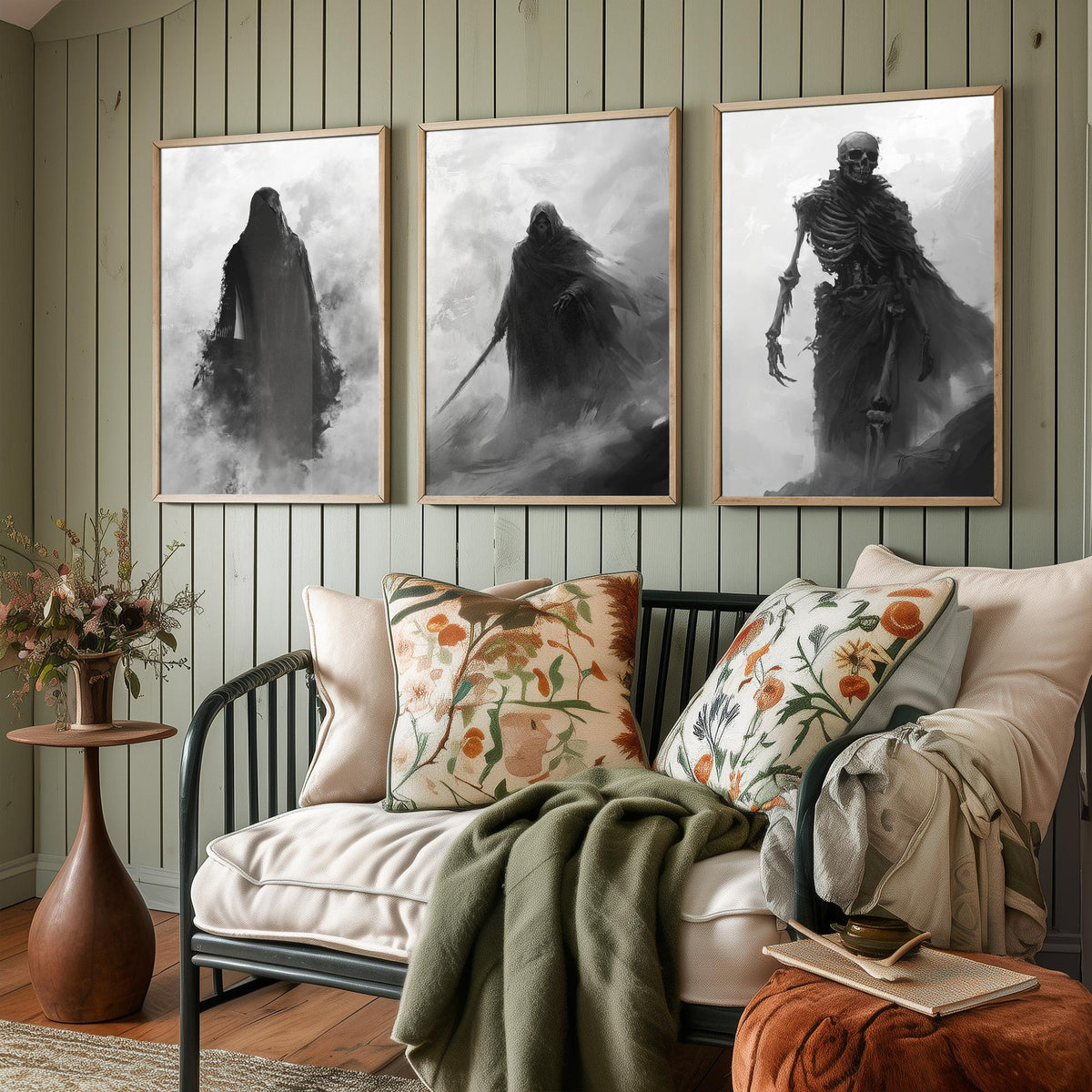 Halloween Set of Three Art Prints - 3 Hooded Reaper Skeleton Posters - Dark Fantasy Fog Wall Art Gift Gothic Spooky Digital Art