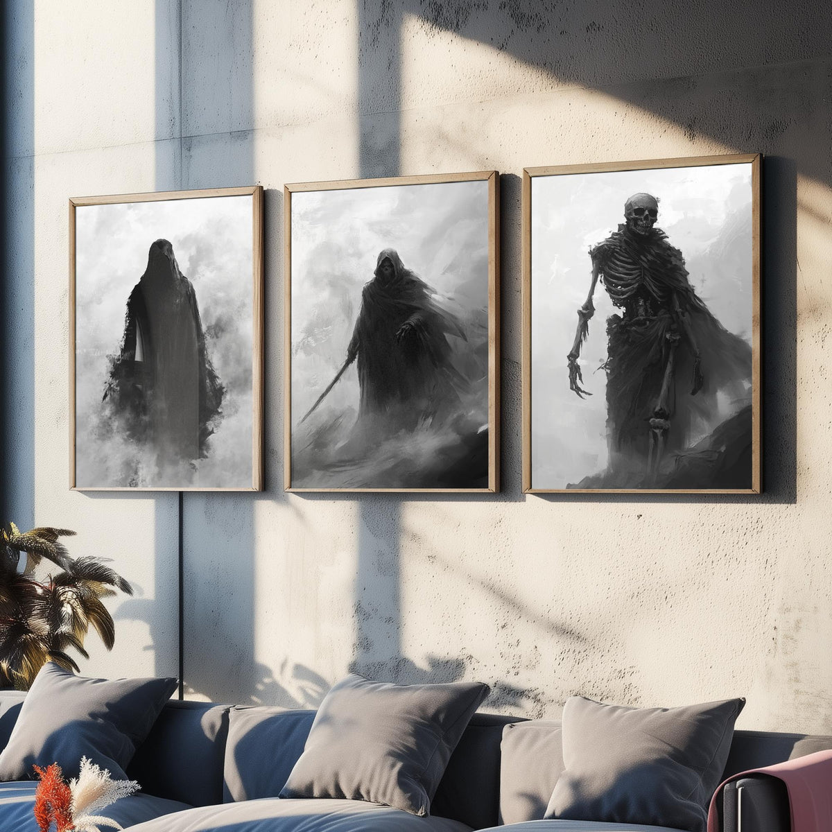 Halloween Set of Three Art Prints - 3 Hooded Reaper Skeleton Posters - Dark Fantasy Fog Wall Art Gift Gothic Spooky Digital Art