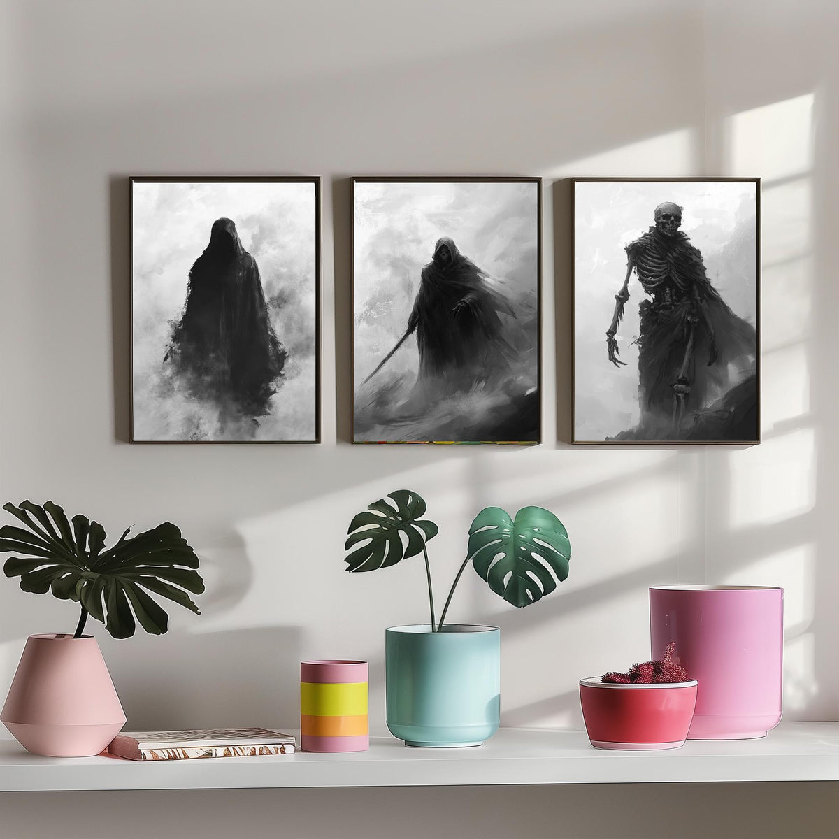 Halloween Set of Three Art Prints - 3 Hooded Reaper Skeleton Posters - Dark Fantasy Fog Wall Art Gift Gothic Spooky Digital Art