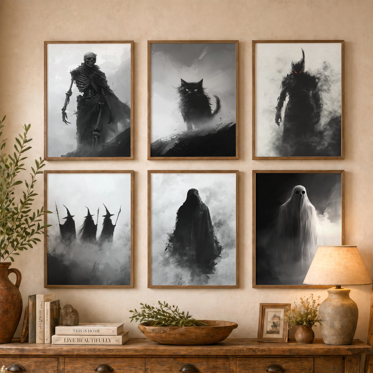 Set of Six Halloween Art Prints - 6 Black and White Fog Posters - Skeleton, Black Cat, Witches, Ghost, Grim Reaper Painting