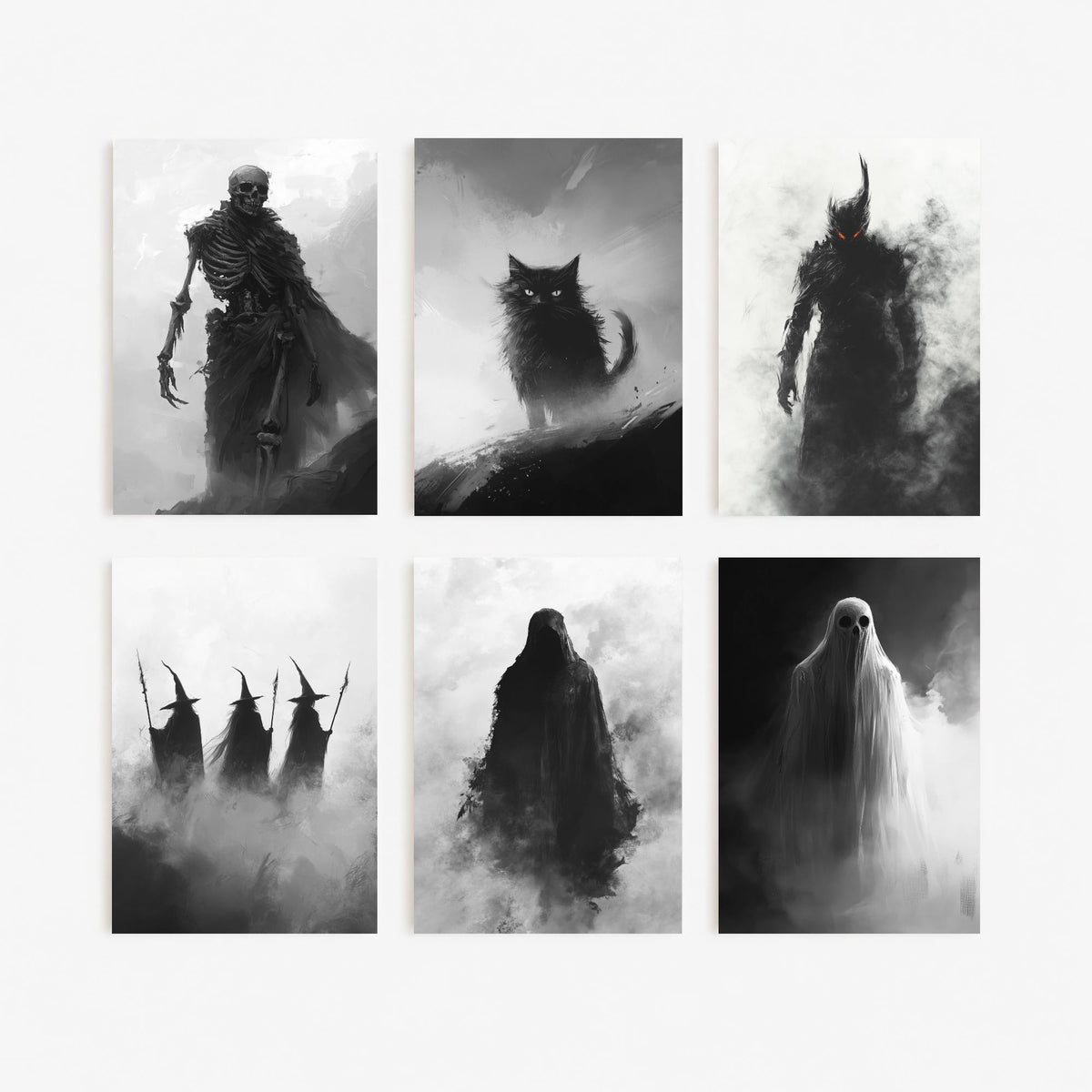 Set of Six Halloween Art Prints - 6 Black and White Fog Posters - Skeleton, Black Cat, Witches, Ghost, Grim Reaper Painting