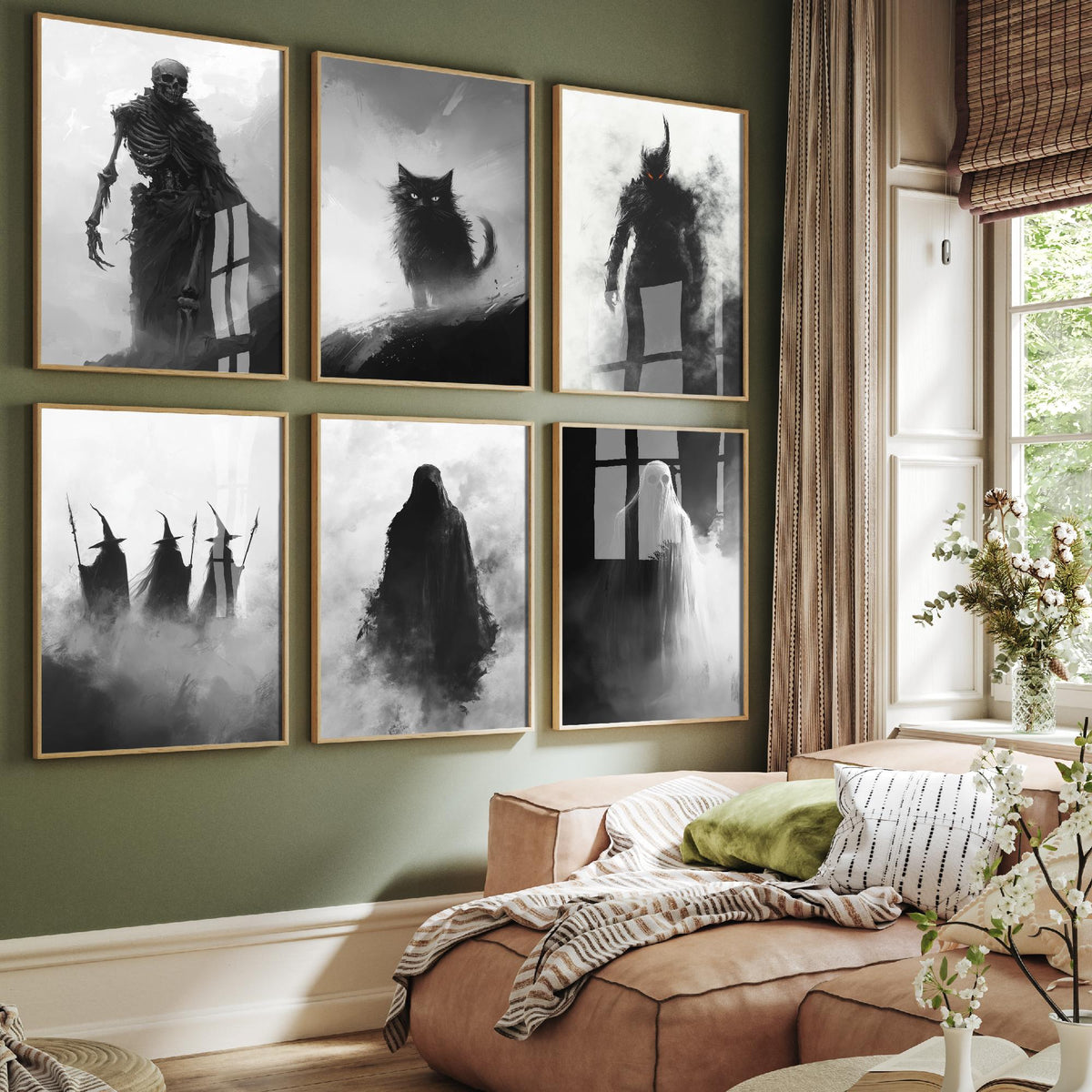 Set of Six Halloween Art Prints - 6 Black and White Fog Posters - Skeleton, Black Cat, Witches, Ghost, Grim Reaper Painting