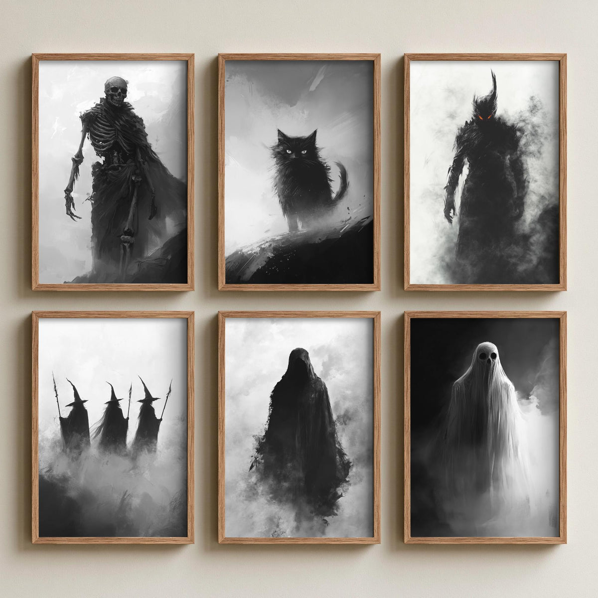Set of Six Halloween Art Prints - 6 Black and White Fog Posters - Skeleton, Black Cat, Witches, Ghost, Grim Reaper Painting