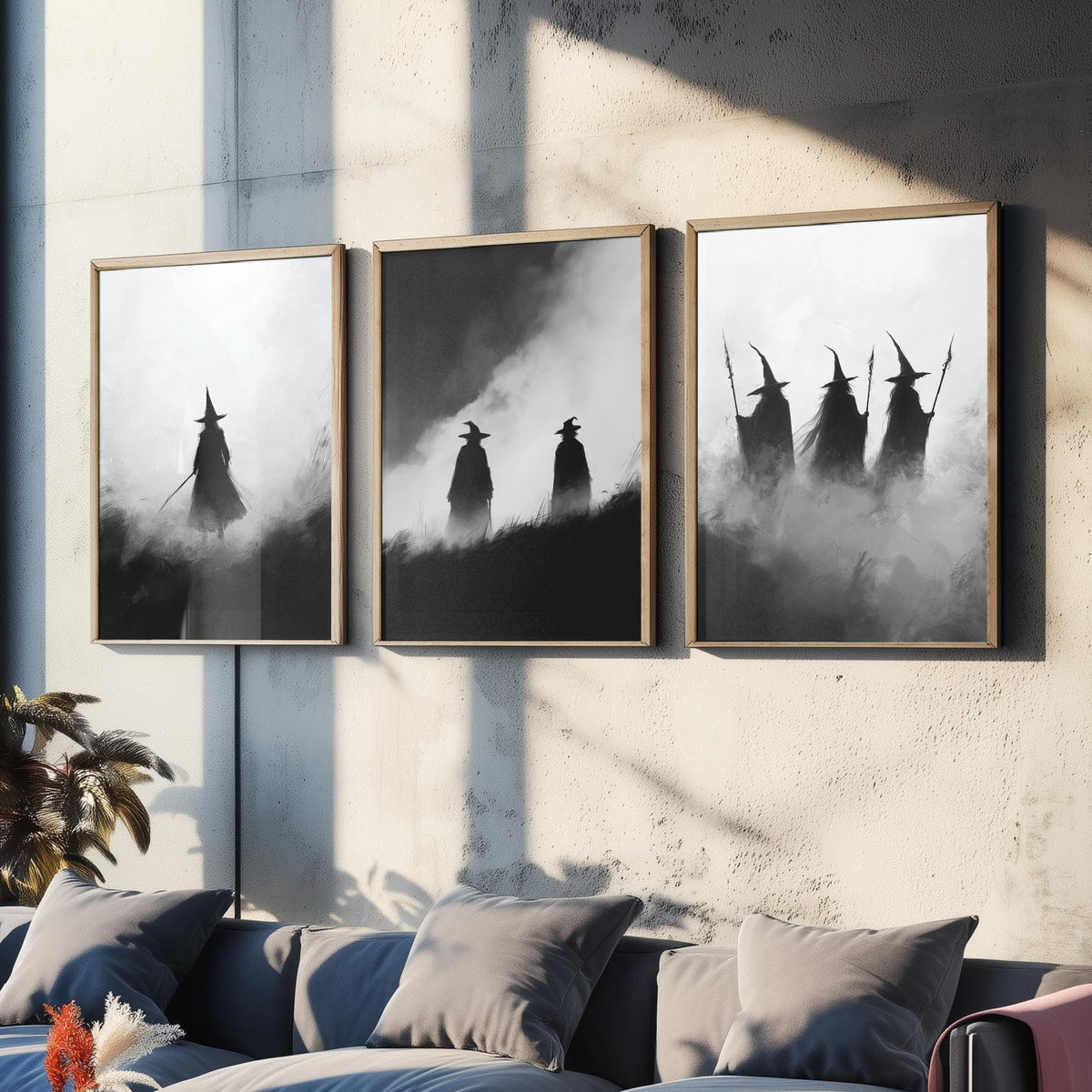 Halloween Set of Three Art Prints - 3 Witches in Fog Posters - Dark Silhouette Wall Art Gift Gothic Spooky Coven Witch Digital Art