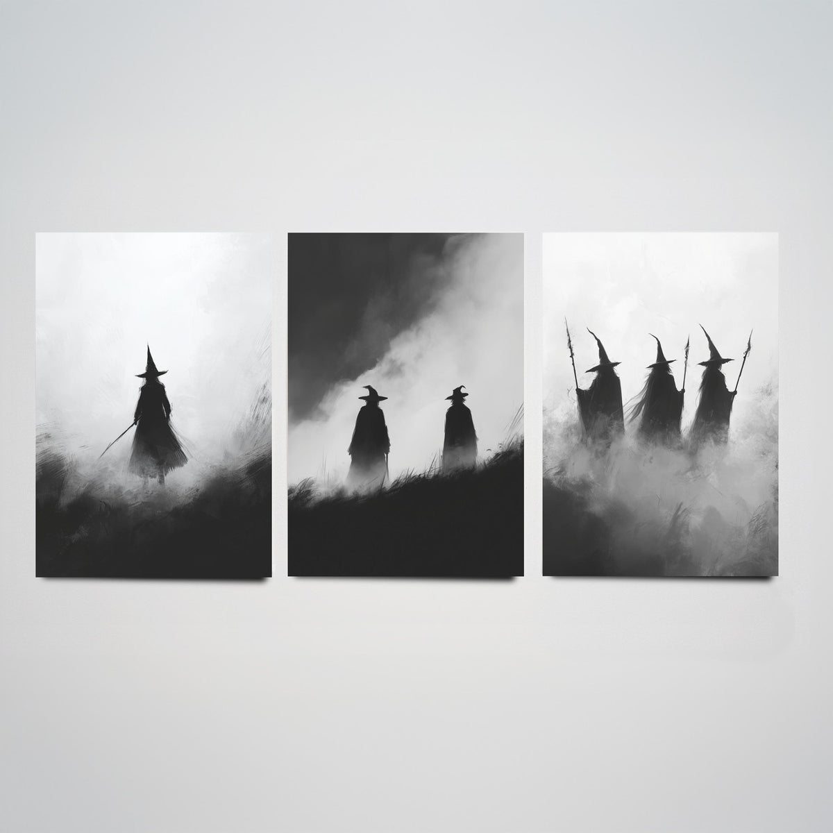 Halloween Set of Three Art Prints - 3 Witches in Fog Posters - Dark Silhouette Wall Art Gift Gothic Spooky Coven Witch Digital Art