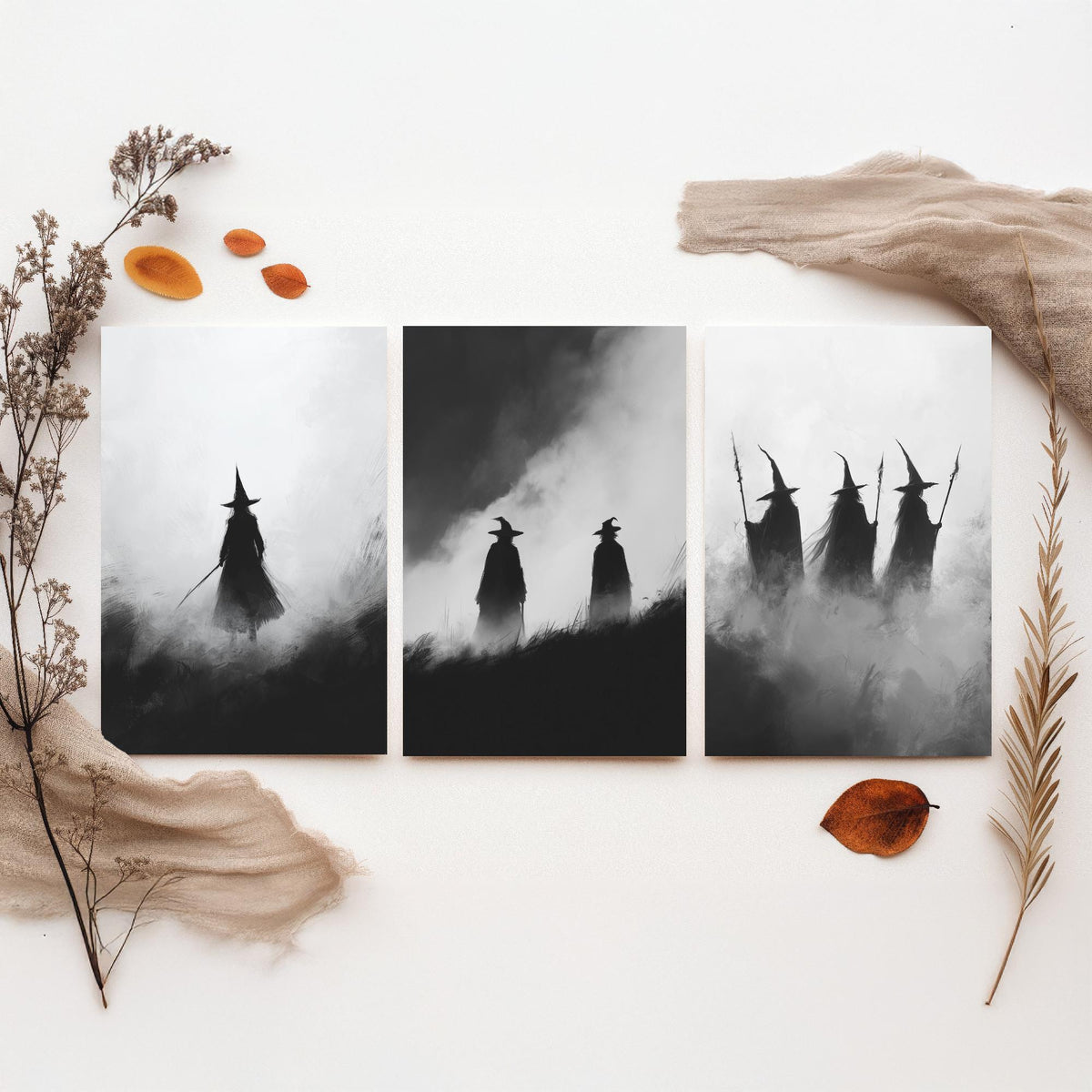 Halloween Set of Three Art Prints - 3 Witches in Fog Posters - Dark Silhouette Wall Art Gift Gothic Spooky Coven Witch Digital Art