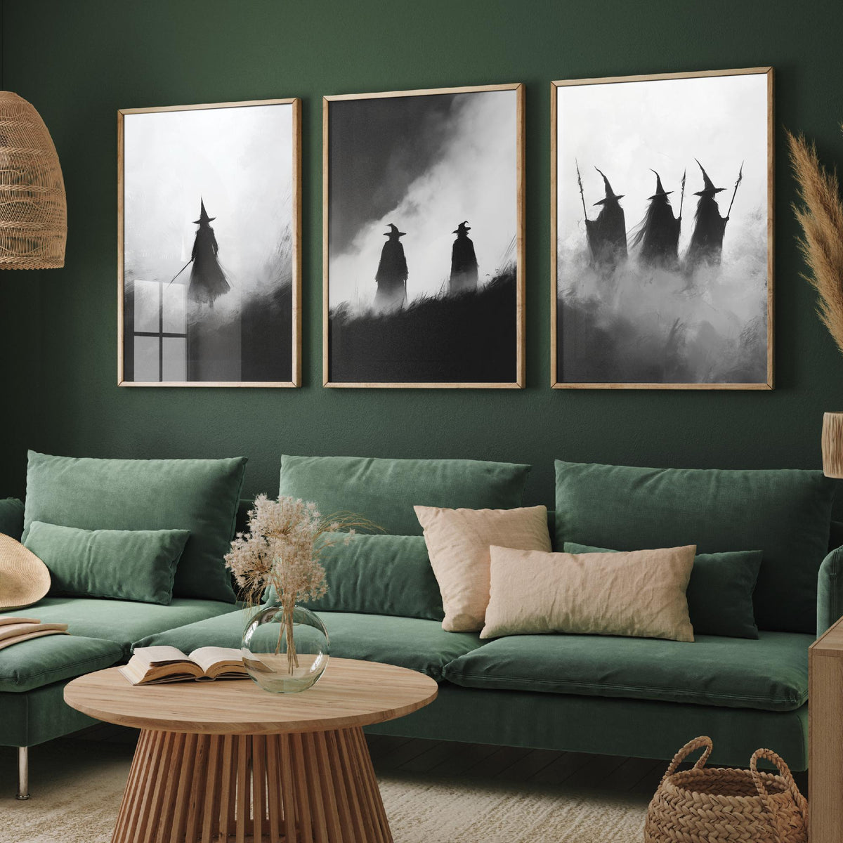 Halloween Set of Three Art Prints - 3 Witches in Fog Posters - Dark Silhouette Wall Art Gift Gothic Spooky Coven Witch Digital Art