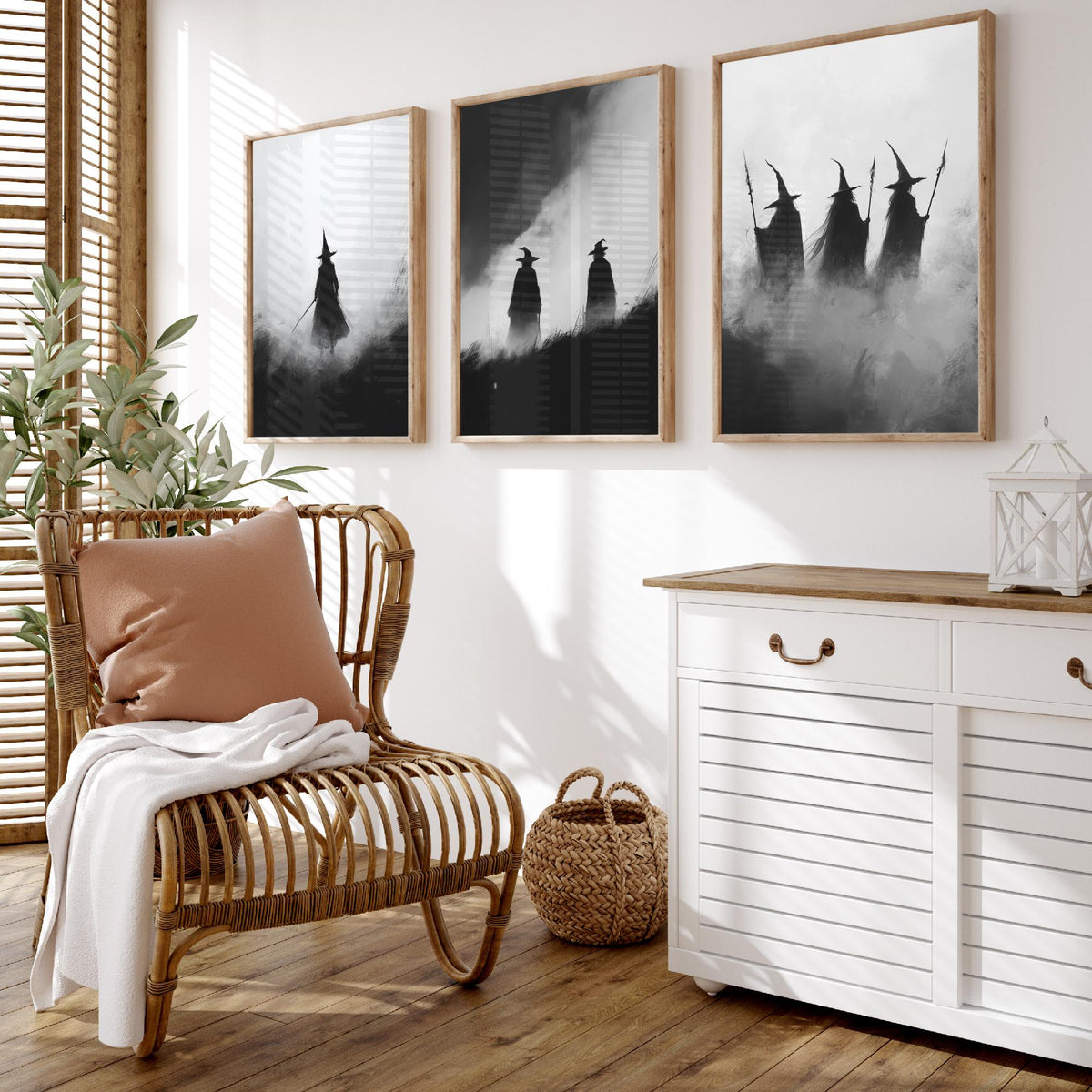 Halloween Set of Three Art Prints - 3 Witches in Fog Posters - Dark Silhouette Wall Art Gift Gothic Spooky Coven Witch Digital Art