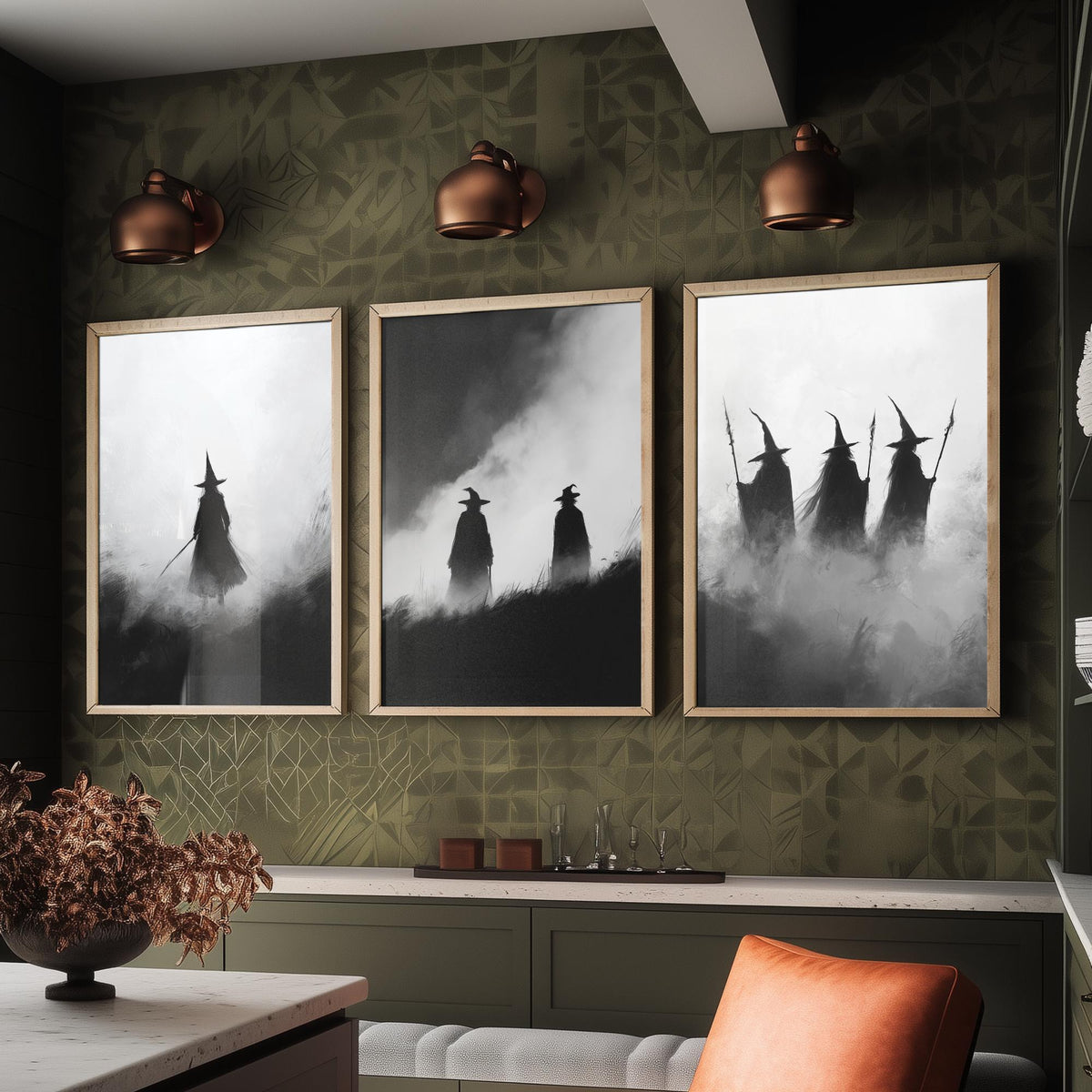 Halloween Set of Three Art Prints - 3 Witches in Fog Posters - Dark Silhouette Wall Art Gift Gothic Spooky Coven Witch Digital Art
