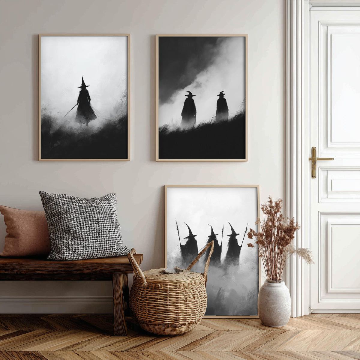 Halloween Set of Three Art Prints - 3 Witches in Fog Posters - Dark Silhouette Wall Art Gift Gothic Spooky Coven Witch Digital Art