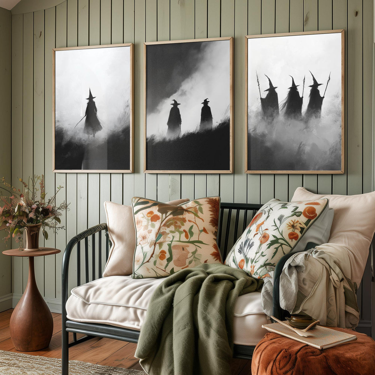 Halloween Set of Three Art Prints - 3 Witches in Fog Posters - Dark Silhouette Wall Art Gift Gothic Spooky Coven Witch Digital Art