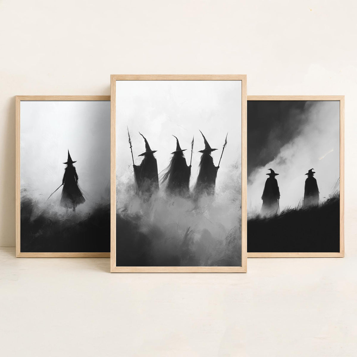 Halloween Set of Three Art Prints - 3 Witches in Fog Posters - Dark Silhouette Wall Art Gift Gothic Spooky Coven Witch Digital Art