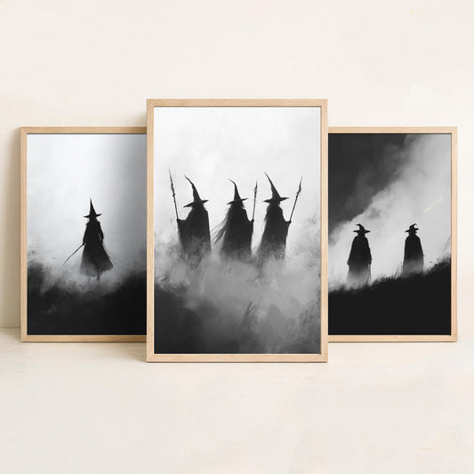 Halloween Set of Three Art Prints - 3 Witches in Fog Posters - Dark Silhouette Wall Art Gift Gothic Spooky Coven Witch Digital Art