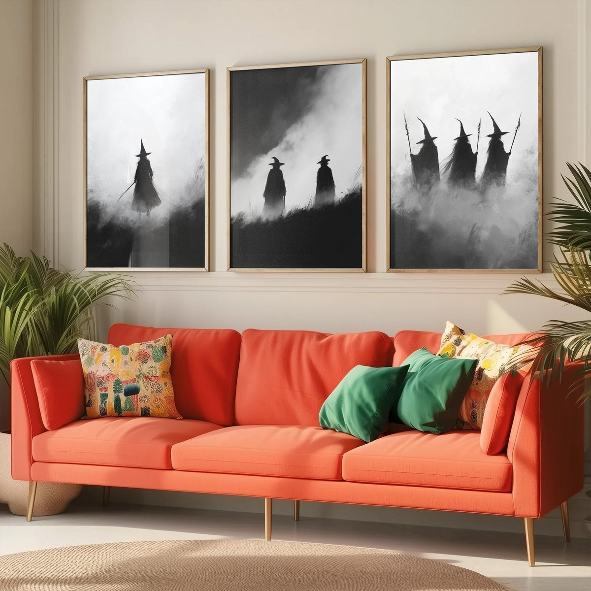 Halloween Set of Three Art Prints - 3 Witches in Fog Posters - Dark Silhouette Wall Art Gift Gothic Spooky Coven Witch Digital Art