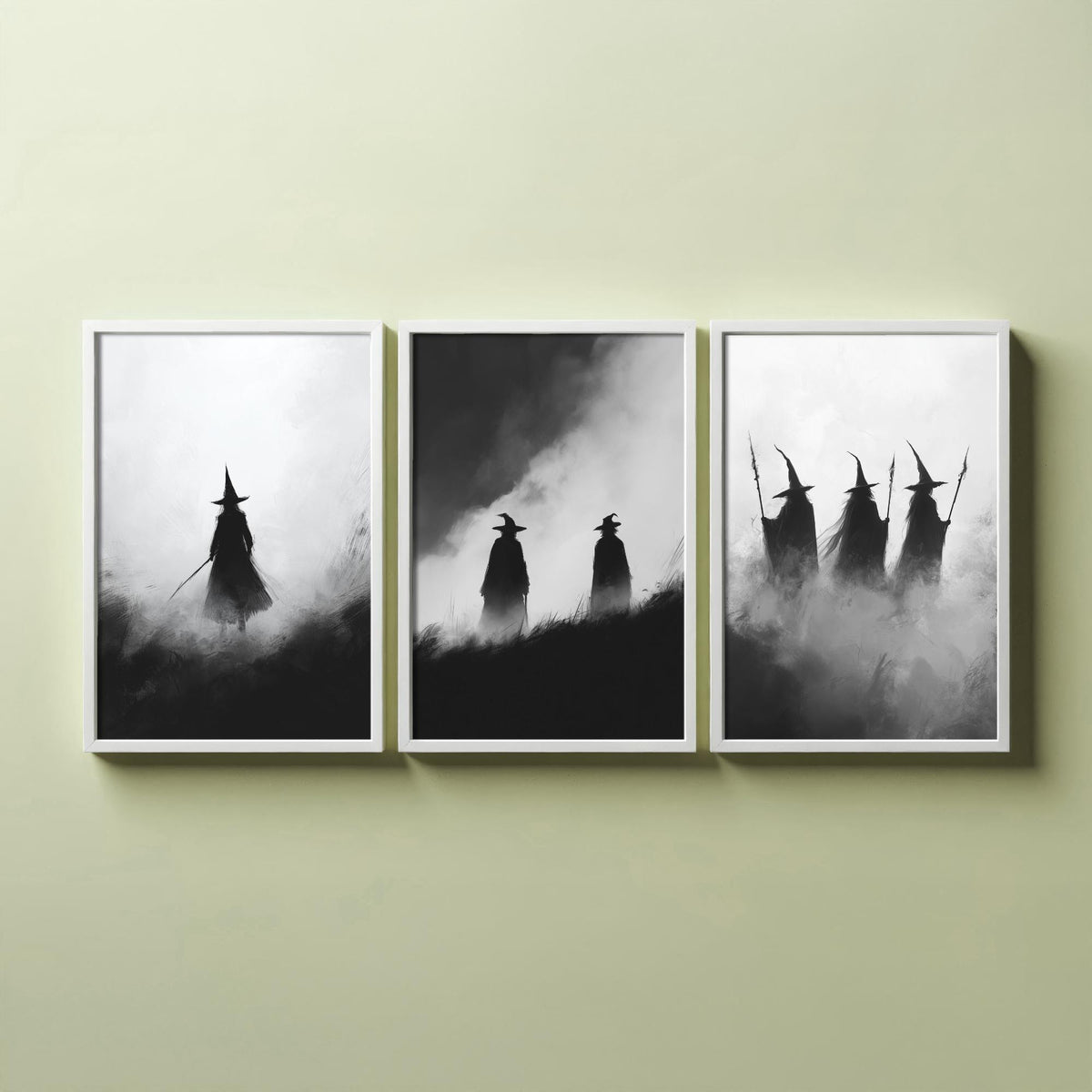 Halloween Set of Three Art Prints - 3 Witches in Fog Posters - Dark Silhouette Wall Art Gift Gothic Spooky Coven Witch Digital Art