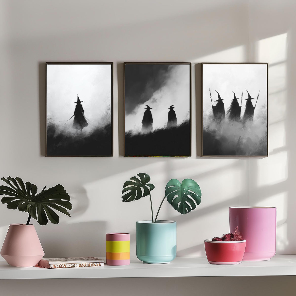 Halloween Set of Three Art Prints - 3 Witches in Fog Posters - Dark Silhouette Wall Art Gift Gothic Spooky Coven Witch Digital Art