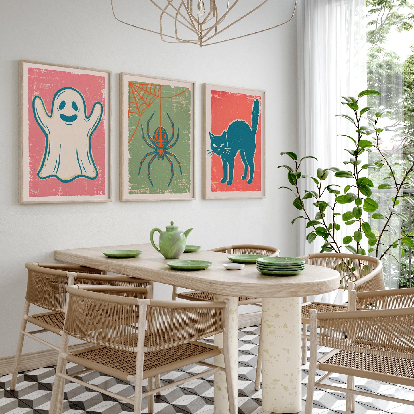 Ghost, Spider and Black Cat - Set of Three Linocut Illustrations - Halloween Art Prints - Spooky Wall Posters V2