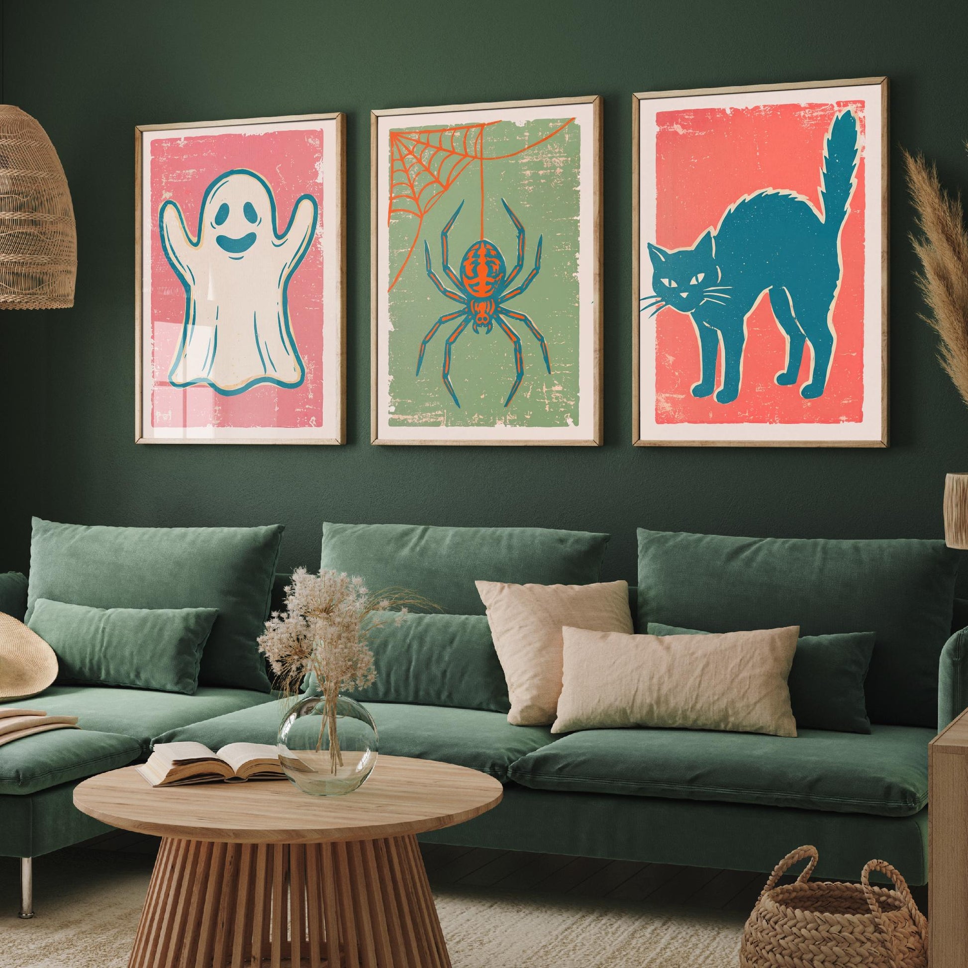 Ghost, Spider and Black Cat - Set of Three Linocut Illustrations - Halloween Art Prints - Spooky Wall Posters V2
