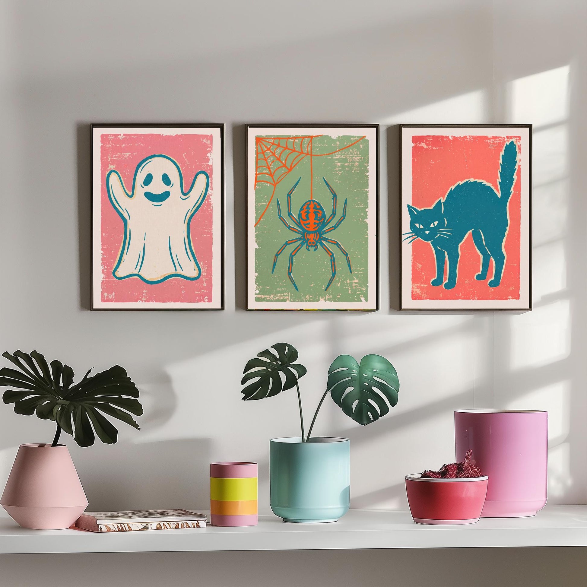 Ghost, Spider and Black Cat - Set of Three Linocut Illustrations - Halloween Art Prints - Spooky Wall Posters V2