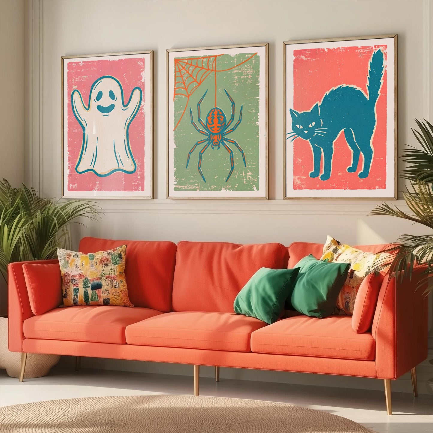Ghost, Spider and Black Cat - Set of Three Linocut Illustrations - Halloween Art Prints - Spooky Wall Posters V2