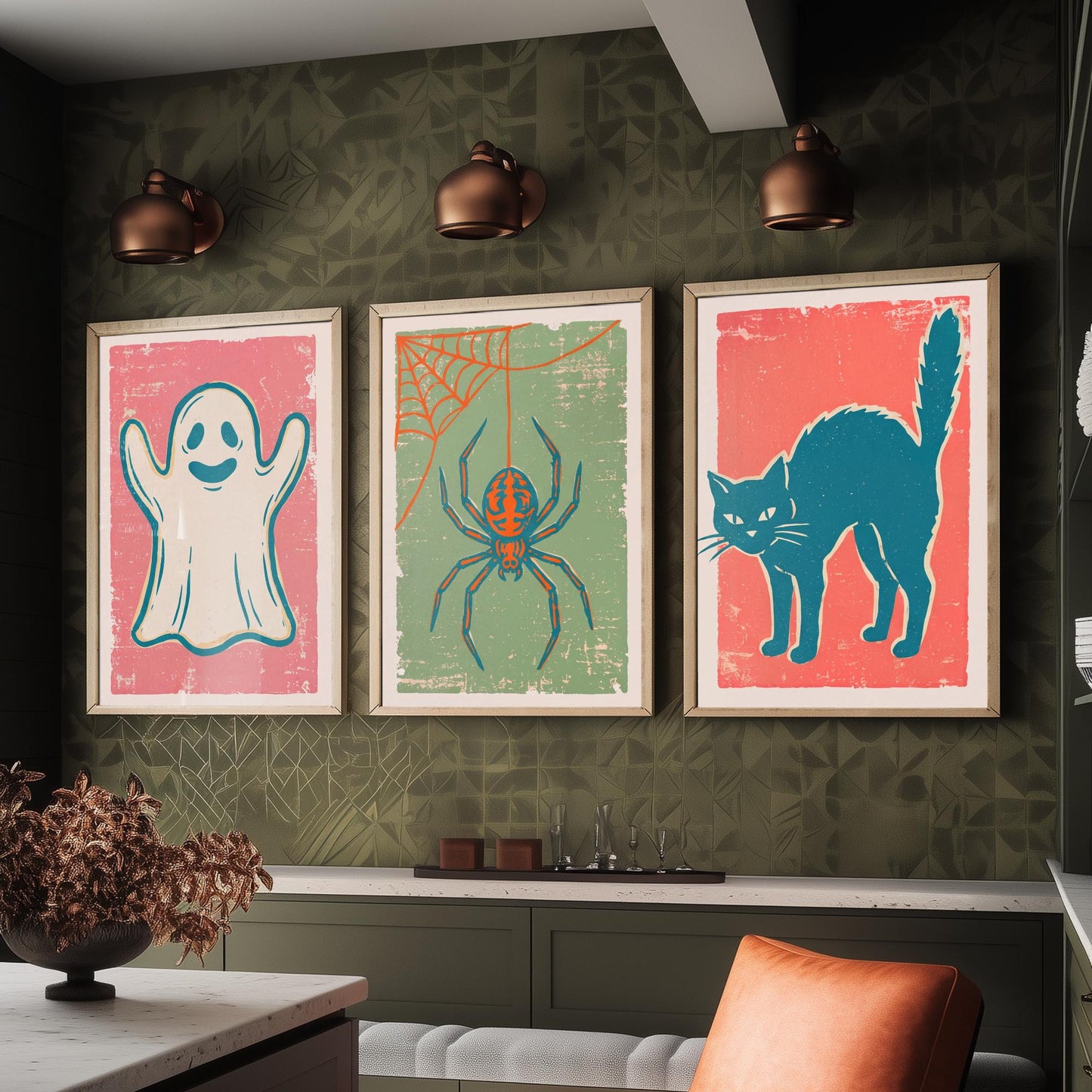 Ghost, Spider and Black Cat - Set of Three Linocut Illustrations - Halloween Art Prints - Spooky Wall Posters V2