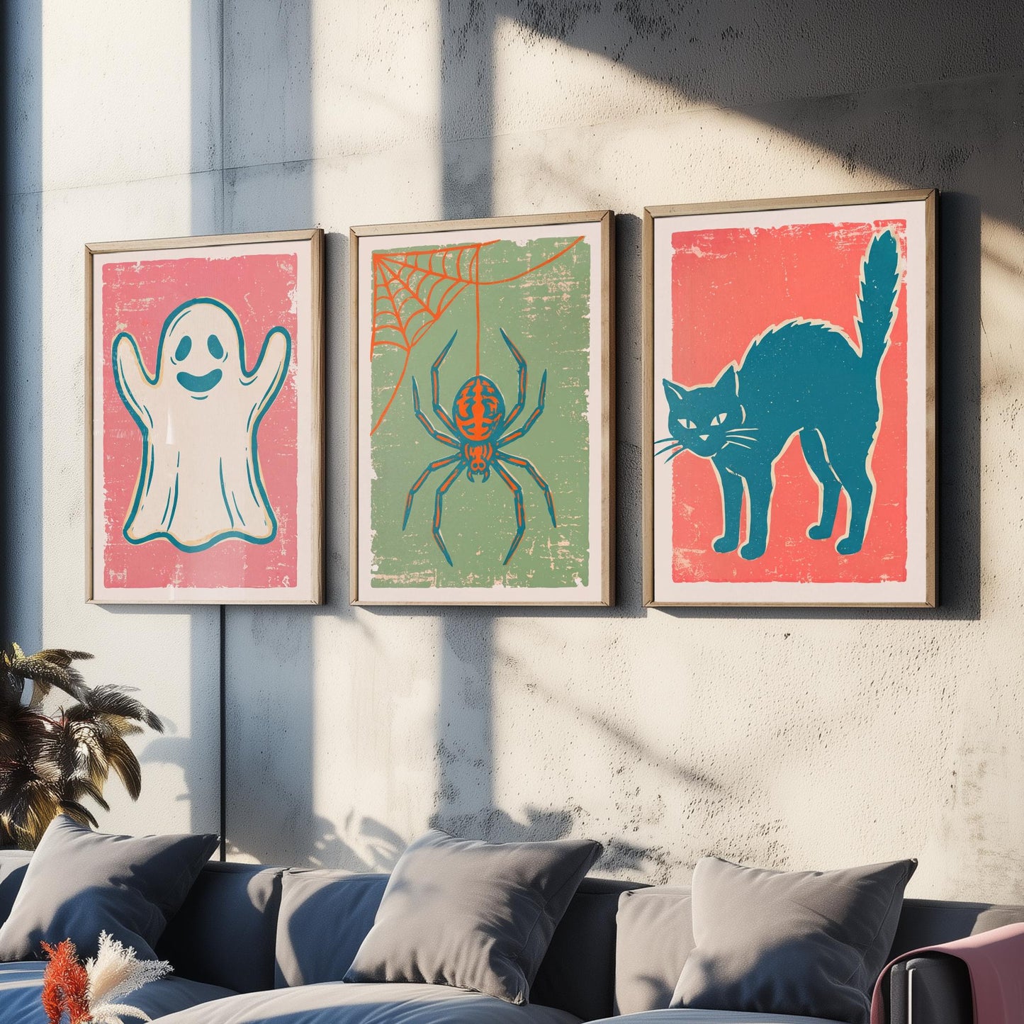 Ghost, Spider and Black Cat - Set of Three Linocut Illustrations - Halloween Art Prints - Spooky Wall Posters V2
