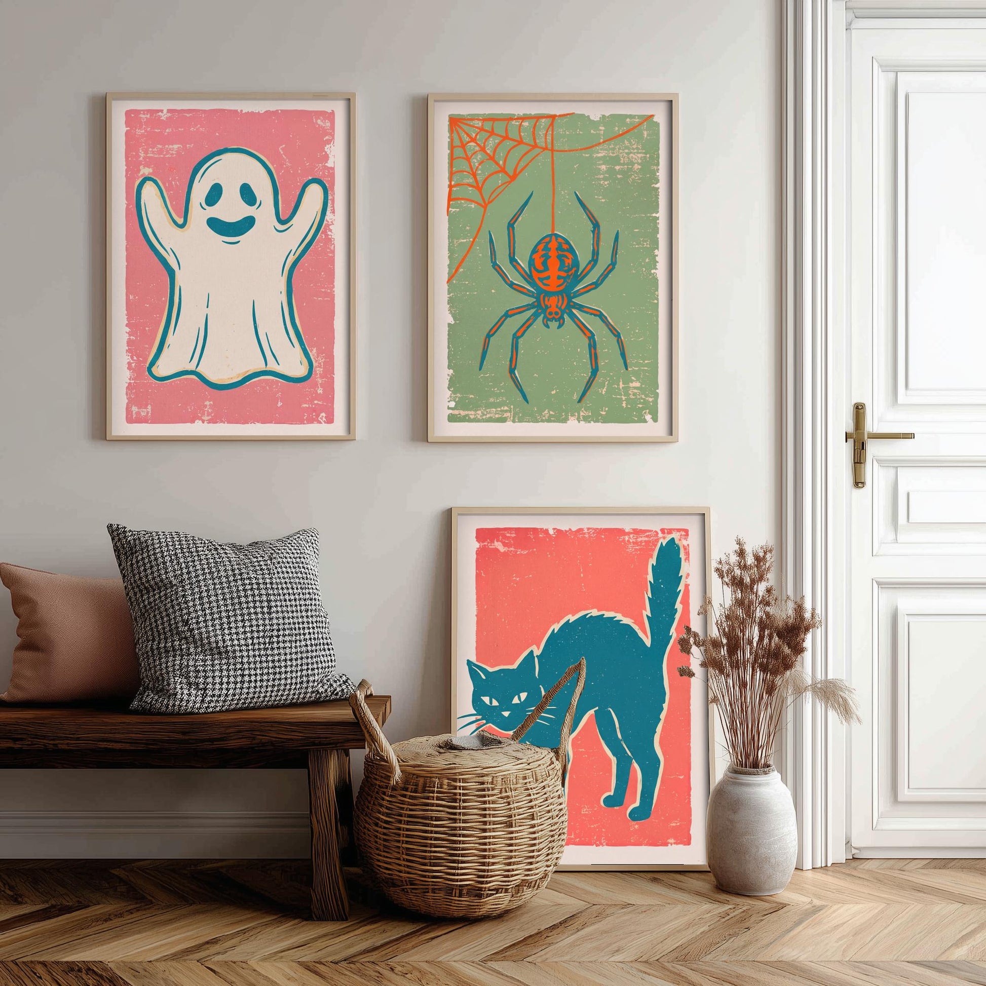 Ghost, Spider and Black Cat - Set of Three Linocut Illustrations - Halloween Art Prints - Spooky Wall Posters V2