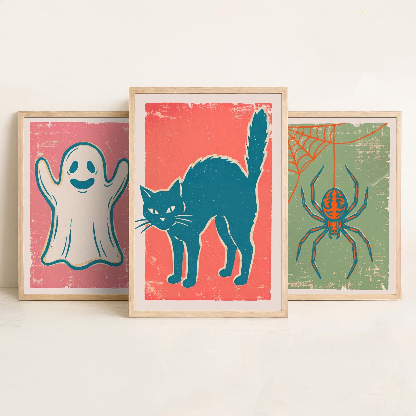 Ghost, Spider and Black Cat - Set of Three Linocut Illustrations - Halloween Art Prints - Spooky Wall Posters V2