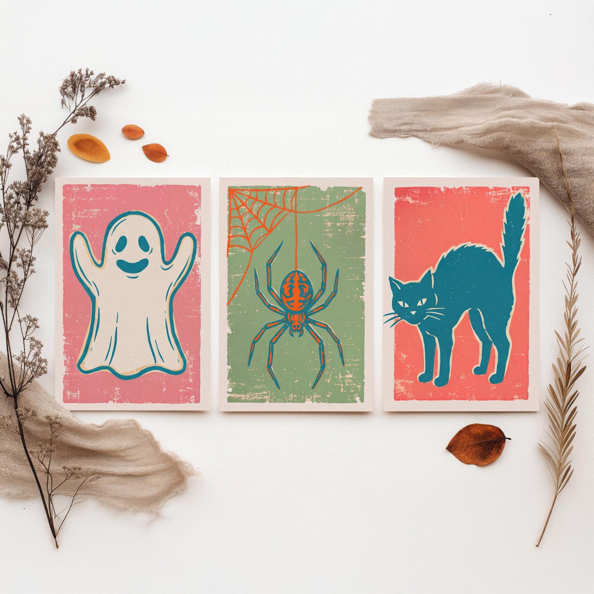 Ghost, Spider and Black Cat - Set of Three Linocut Illustrations - Halloween Art Prints - Spooky Wall Posters V2