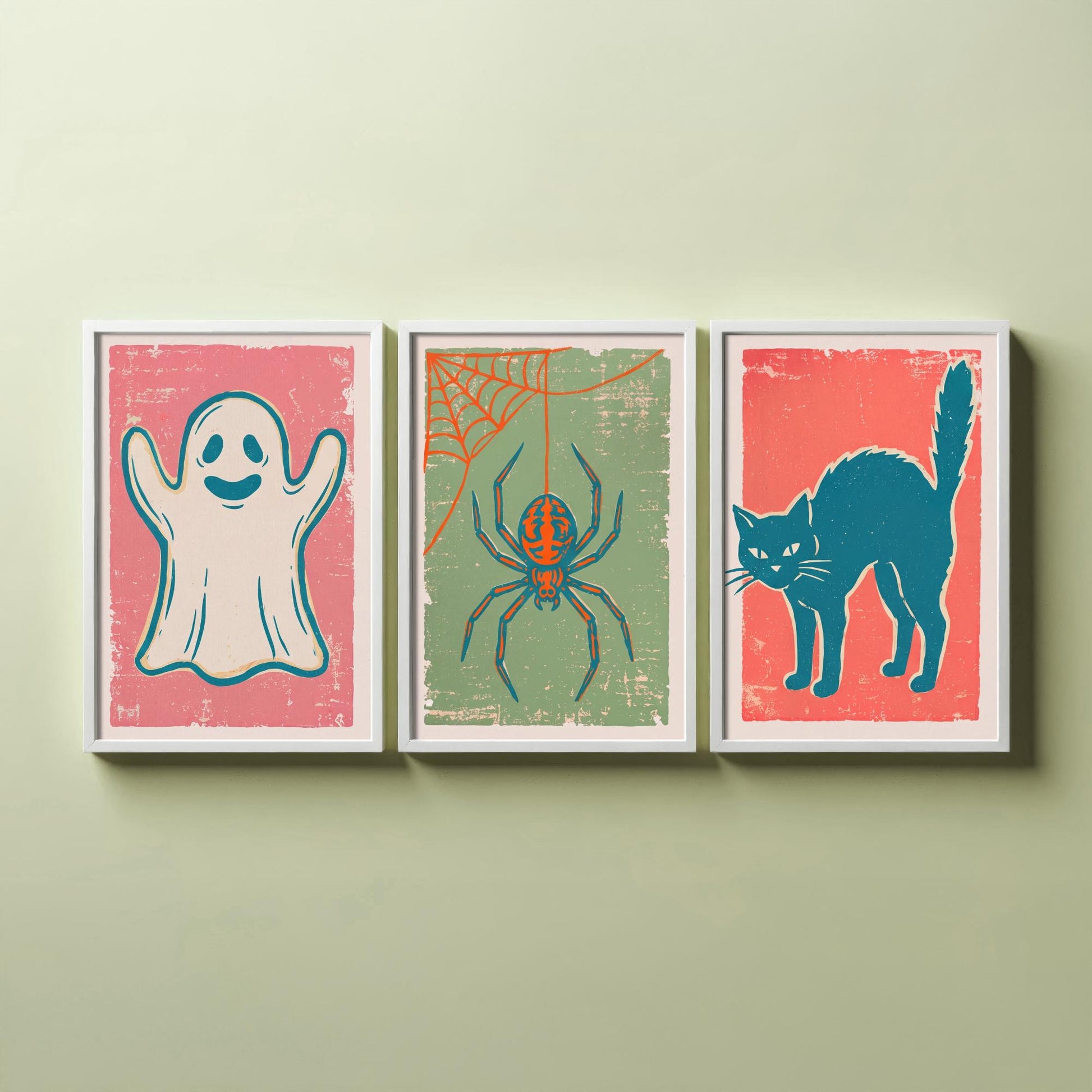 Ghost, Spider and Black Cat - Set of Three Linocut Illustrations - Halloween Art Prints - Spooky Wall Posters V2