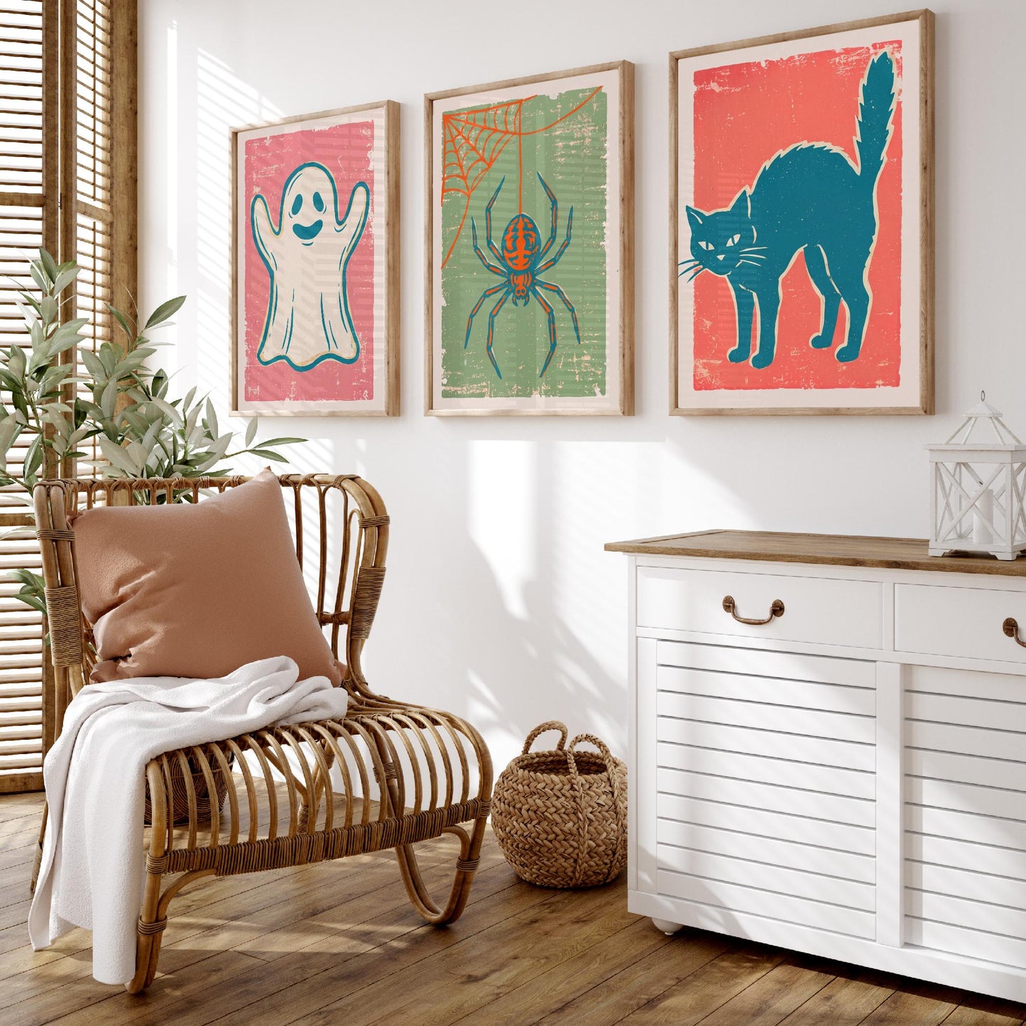 Ghost, Spider and Black Cat - Set of Three Linocut Illustrations - Halloween Art Prints - Spooky Wall Posters V2