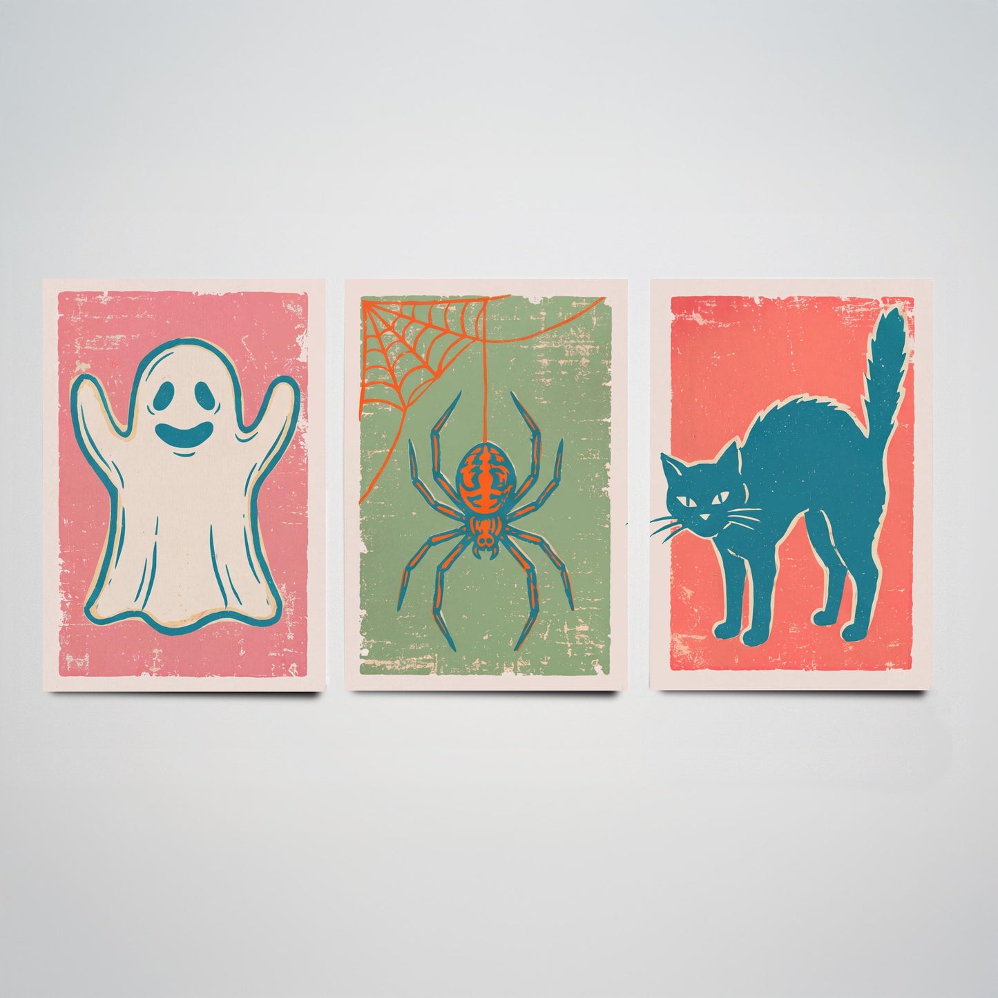 Ghost, Spider and Black Cat - Set of Three Linocut Illustrations - Halloween Art Prints - Spooky Wall Posters V2