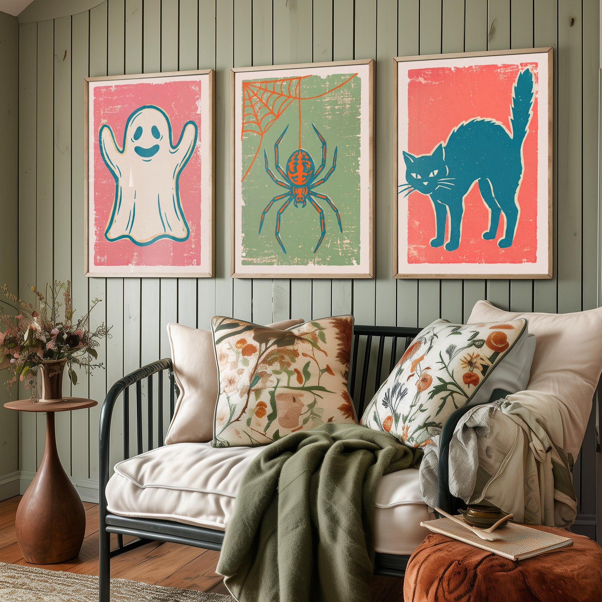 Ghost, Spider and Black Cat - Set of Three Linocut Illustrations - Halloween Art Prints - Spooky Wall Posters V2