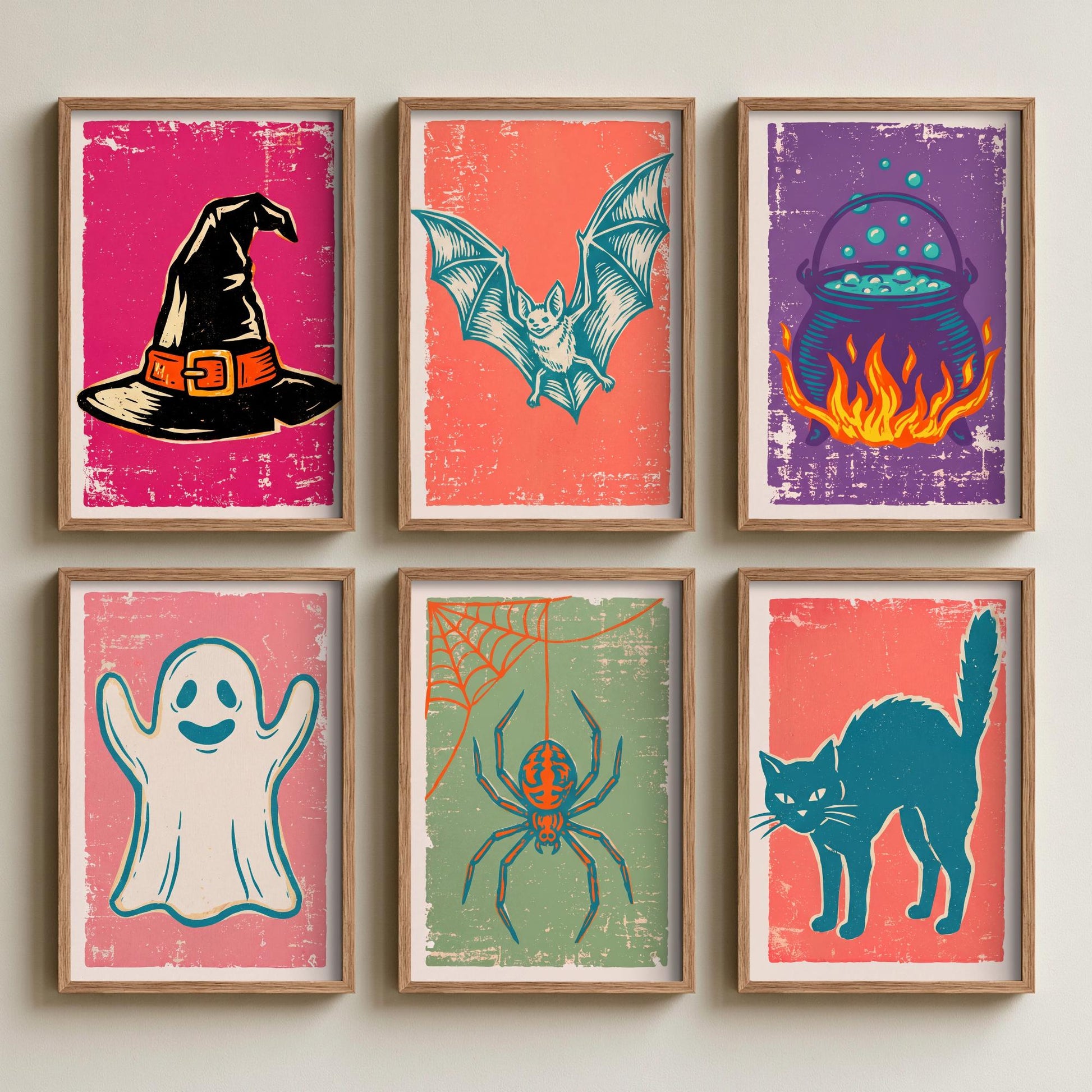 Set of Six Halloween Art Prints - 6 Linocut Illustrations - Witch Hat, Bat, Cauldron, Ghost, Spider, Black Cat - Spooky Season Posters
