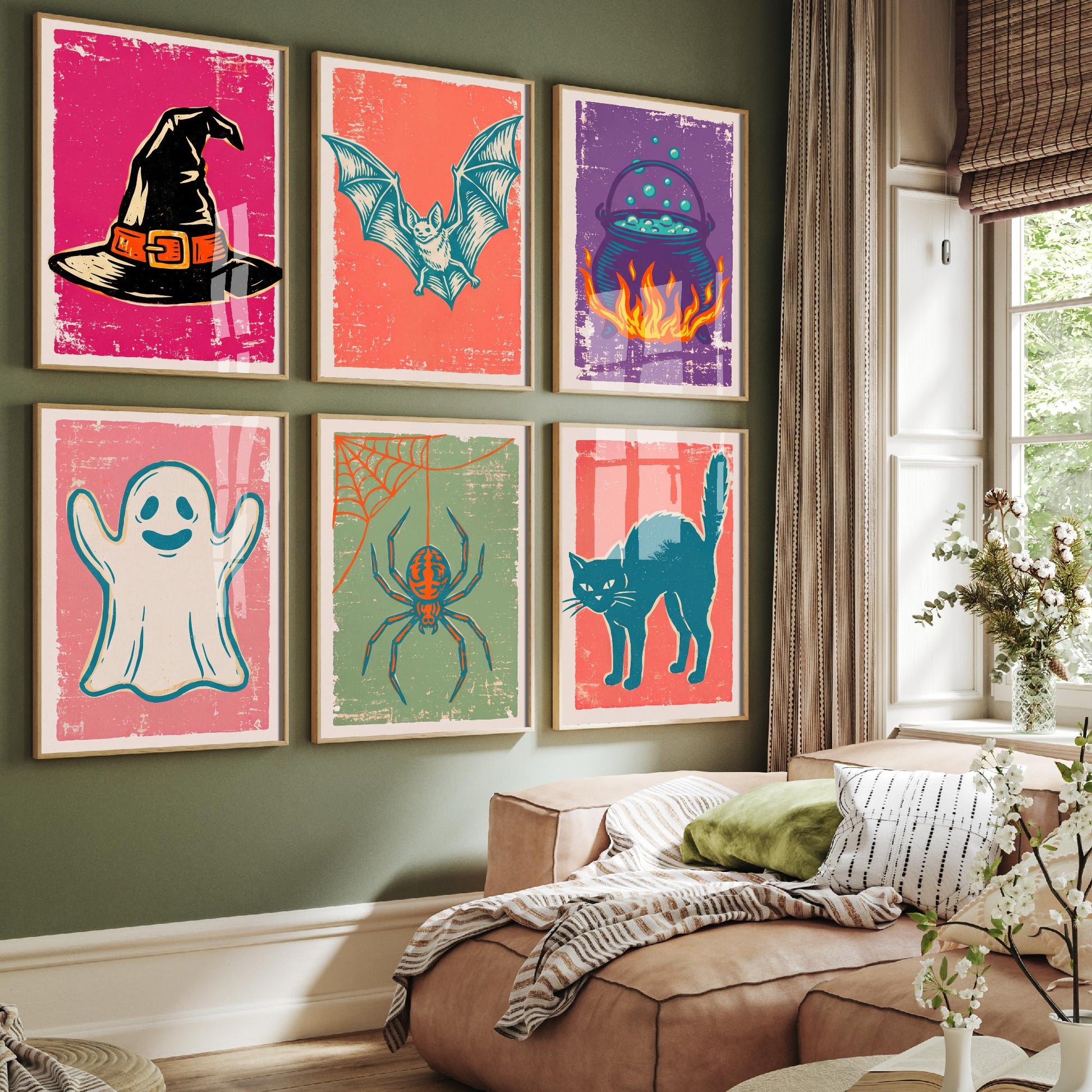 Set of Six Halloween Art Prints - 6 Linocut Illustrations - Witch Hat, Bat, Cauldron, Ghost, Spider, Black Cat - Spooky Season Posters