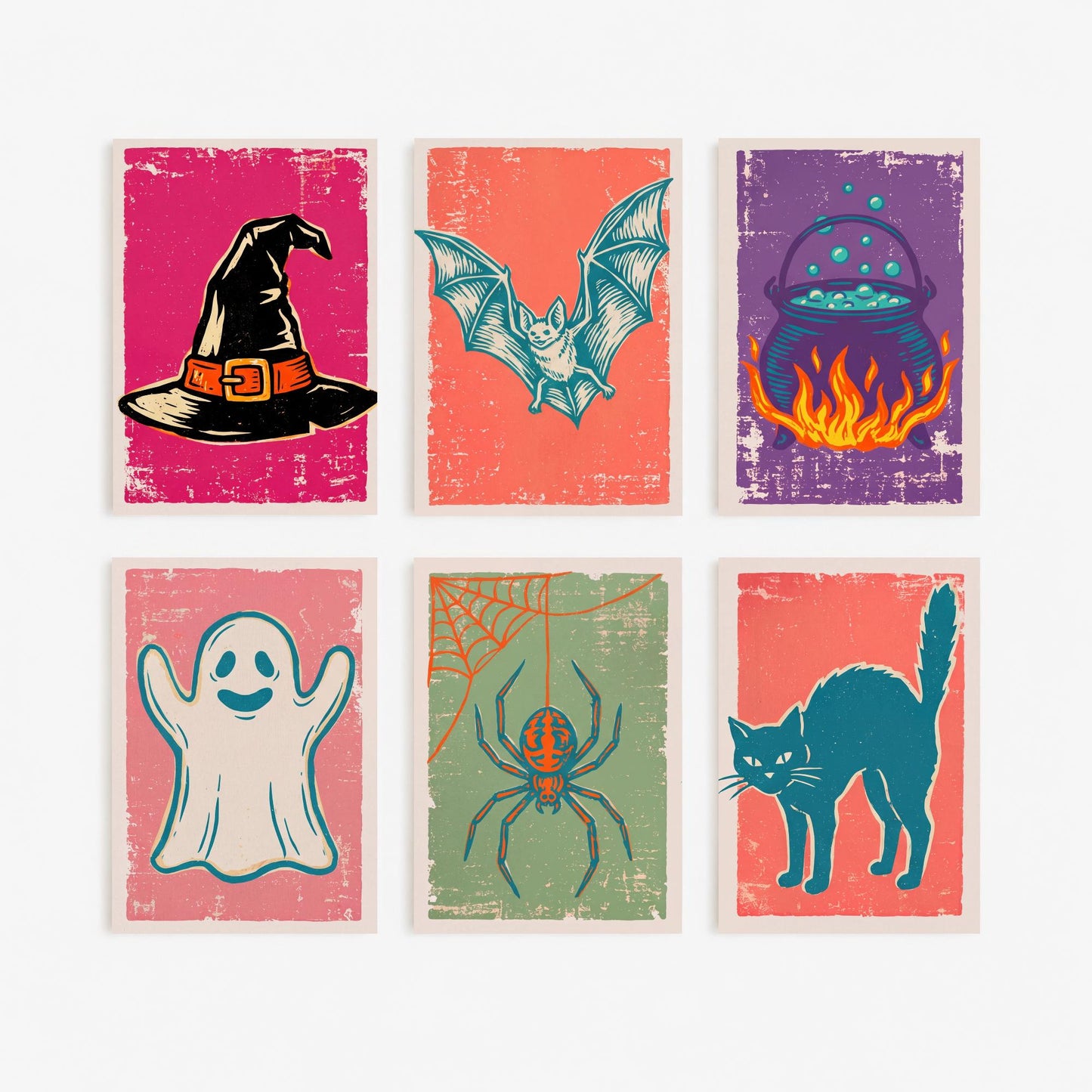 Set of Six Halloween Art Prints - 6 Linocut Illustrations - Witch Hat, Bat, Cauldron, Ghost, Spider, Black Cat - Spooky Season Posters