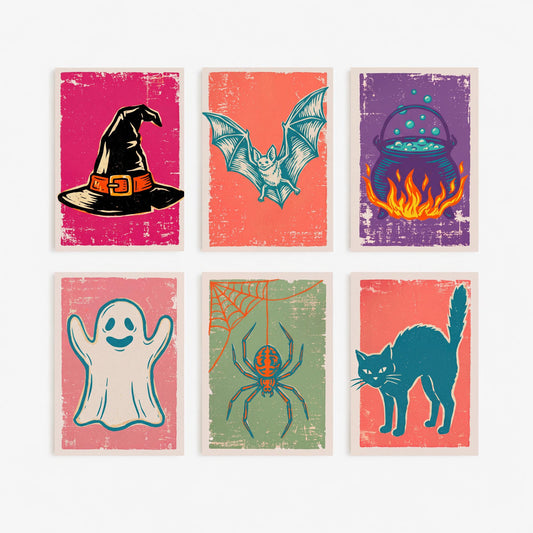 Set of Six Halloween Art Prints - 6 Linocut Illustrations - Witch Hat, Bat, Cauldron, Ghost, Spider, Black Cat - Spooky Season Posters