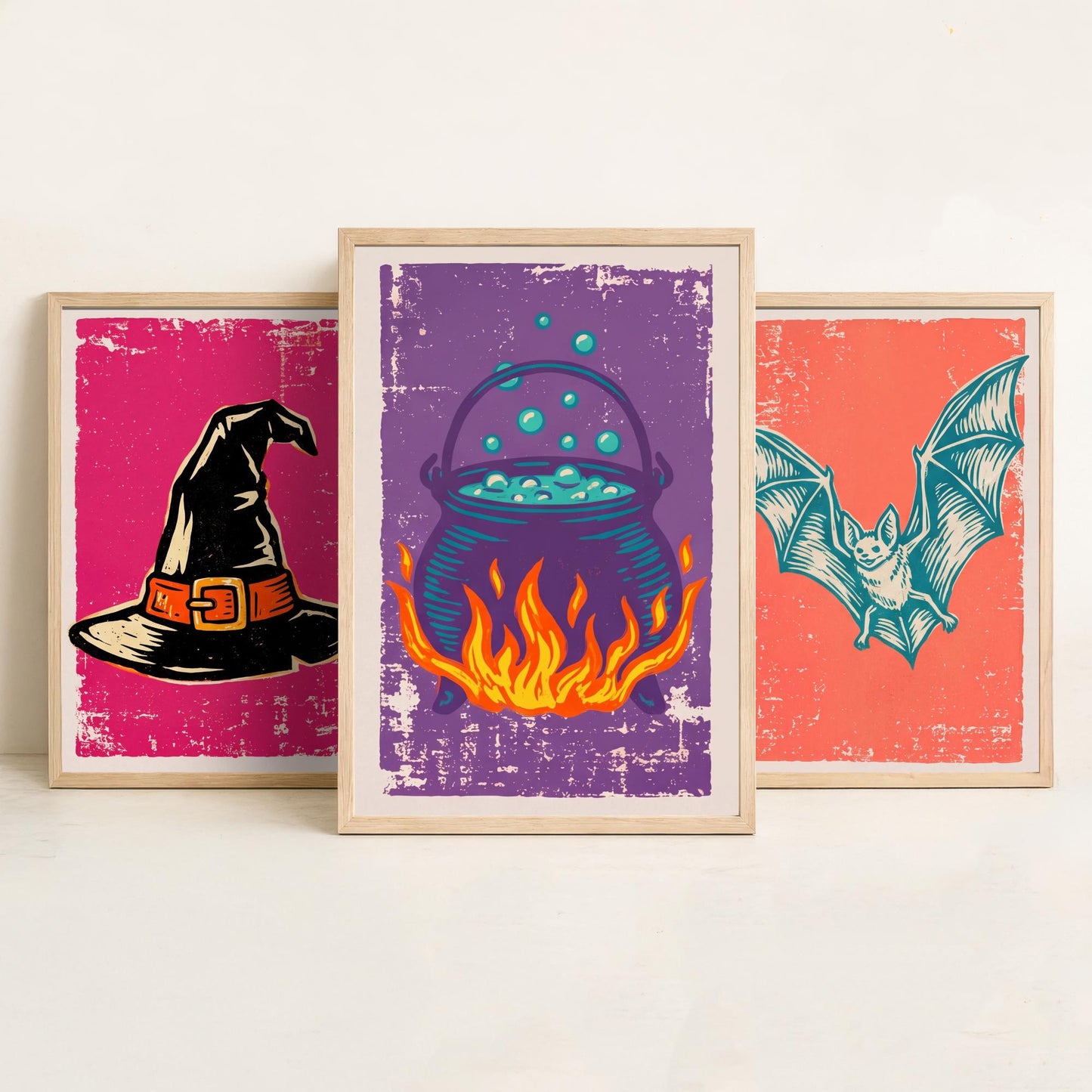 Witch Hat, Bat and Cauldron - Set of Three Linocut Illustrations - Halloween Art Prints - Trick or Treat Posters V1