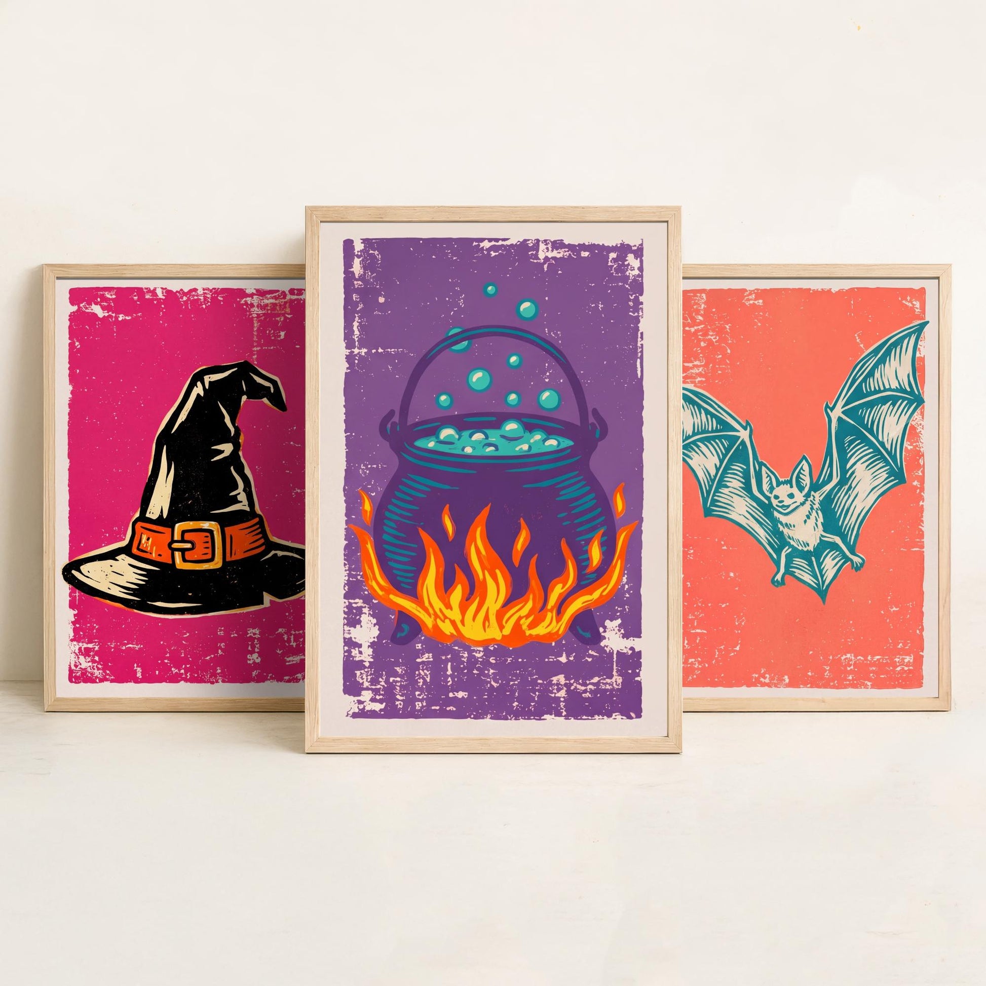 Witch Hat, Bat and Cauldron - Set of Three Linocut Illustrations - Halloween Art Prints - Trick or Treat Posters V1