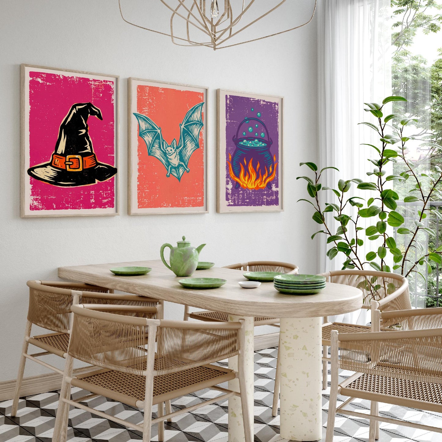 Witch Hat, Bat and Cauldron - Set of Three Linocut Illustrations - Halloween Art Prints - Trick or Treat Posters V1