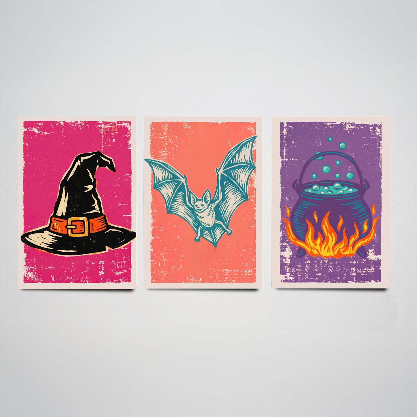 Witch Hat, Bat and Cauldron - Set of Three Linocut Illustrations - Halloween Art Prints - Trick or Treat Posters V1