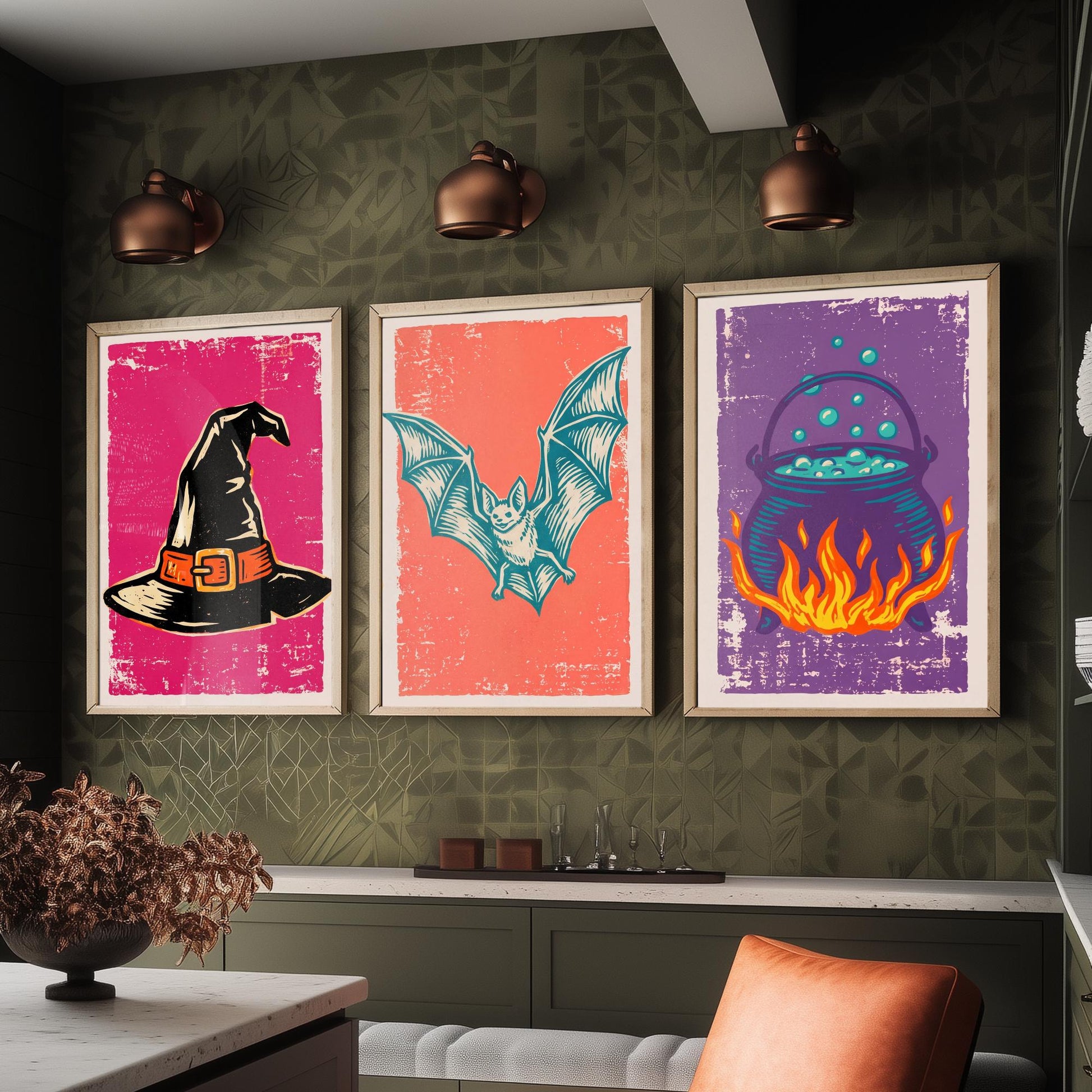 Witch Hat, Bat and Cauldron - Set of Three Linocut Illustrations - Halloween Art Prints - Trick or Treat Posters V1