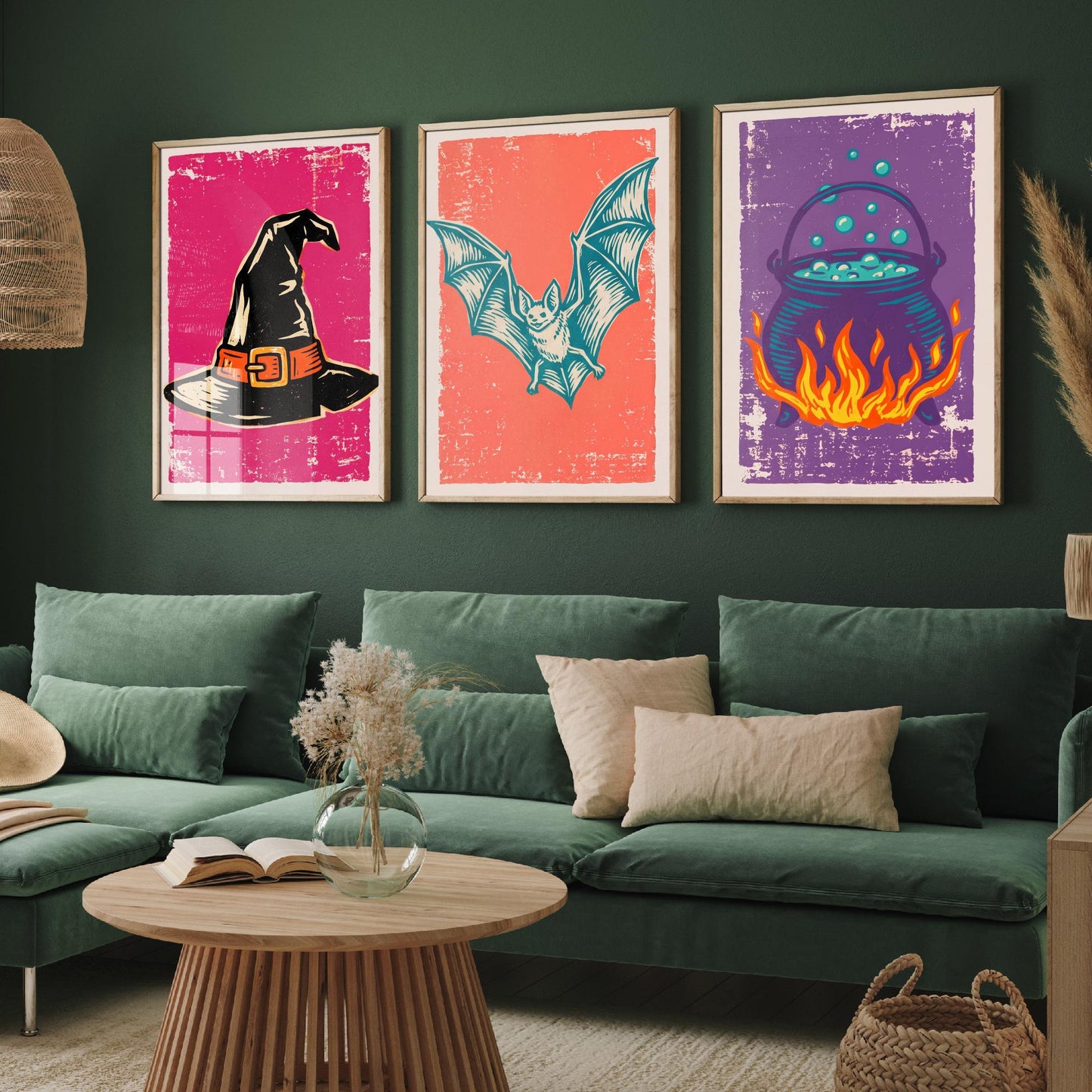Witch Hat, Bat and Cauldron - Set of Three Linocut Illustrations - Halloween Art Prints - Trick or Treat Posters V1