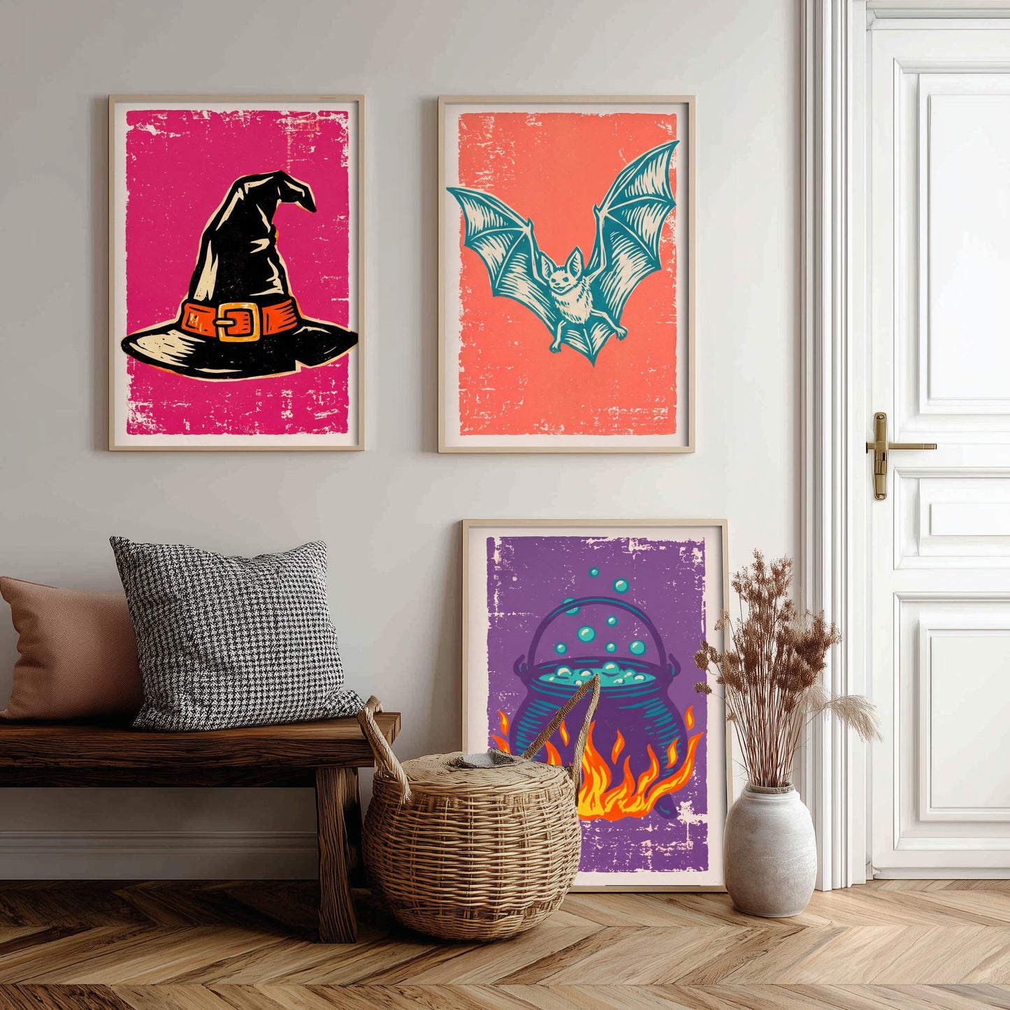 Witch Hat, Bat and Cauldron - Set of Three Linocut Illustrations - Halloween Art Prints - Trick or Treat Posters V1