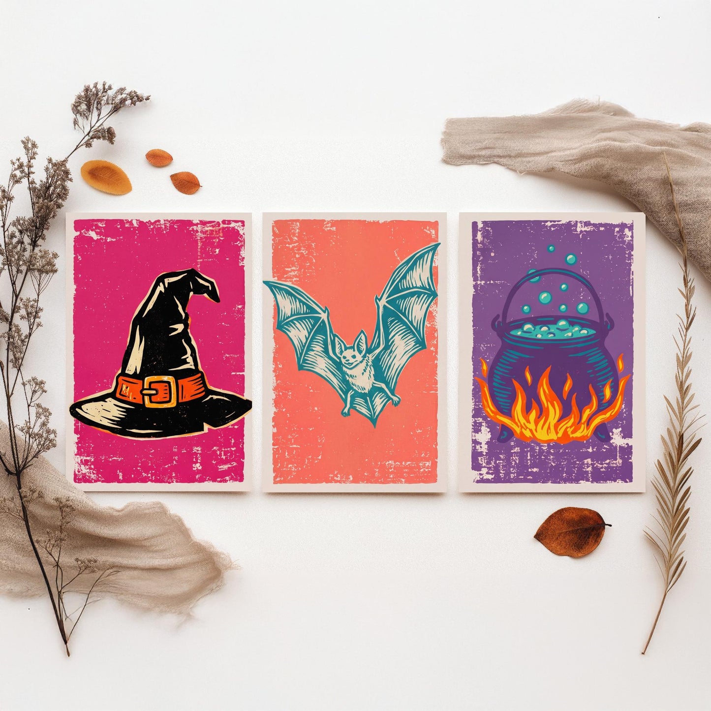 Witch Hat, Bat and Cauldron - Set of Three Linocut Illustrations - Halloween Art Prints - Trick or Treat Posters V1