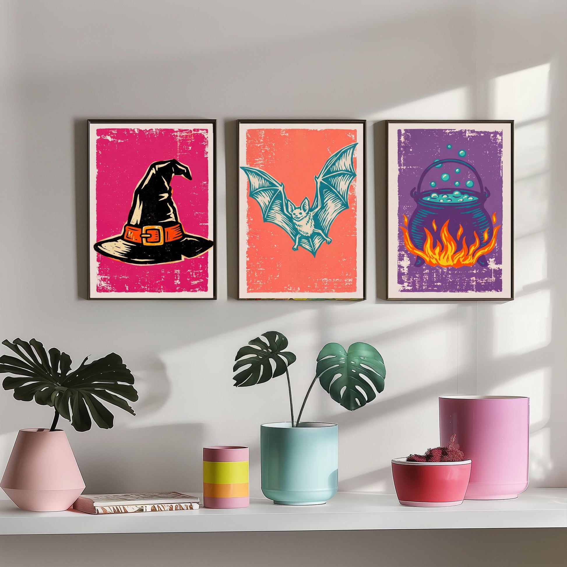 Witch Hat, Bat and Cauldron - Set of Three Linocut Illustrations - Halloween Art Prints - Trick or Treat Posters V1