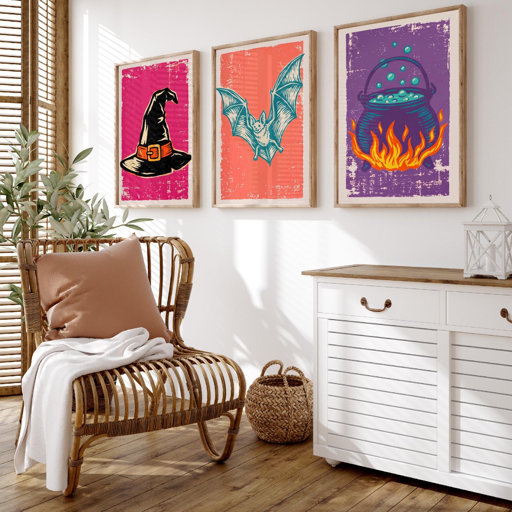 Witch Hat, Bat and Cauldron - Set of Three Linocut Illustrations - Halloween Art Prints - Trick or Treat Posters V1