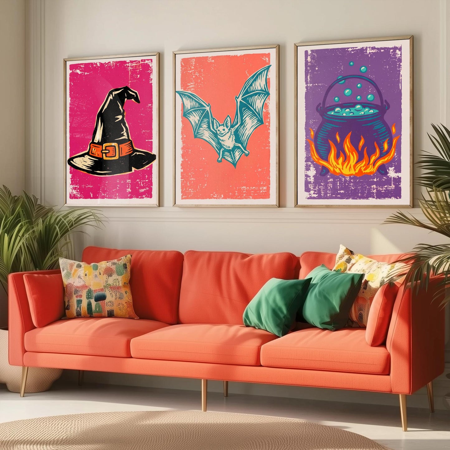 Witch Hat, Bat and Cauldron - Set of Three Linocut Illustrations - Halloween Art Prints - Trick or Treat Posters V1