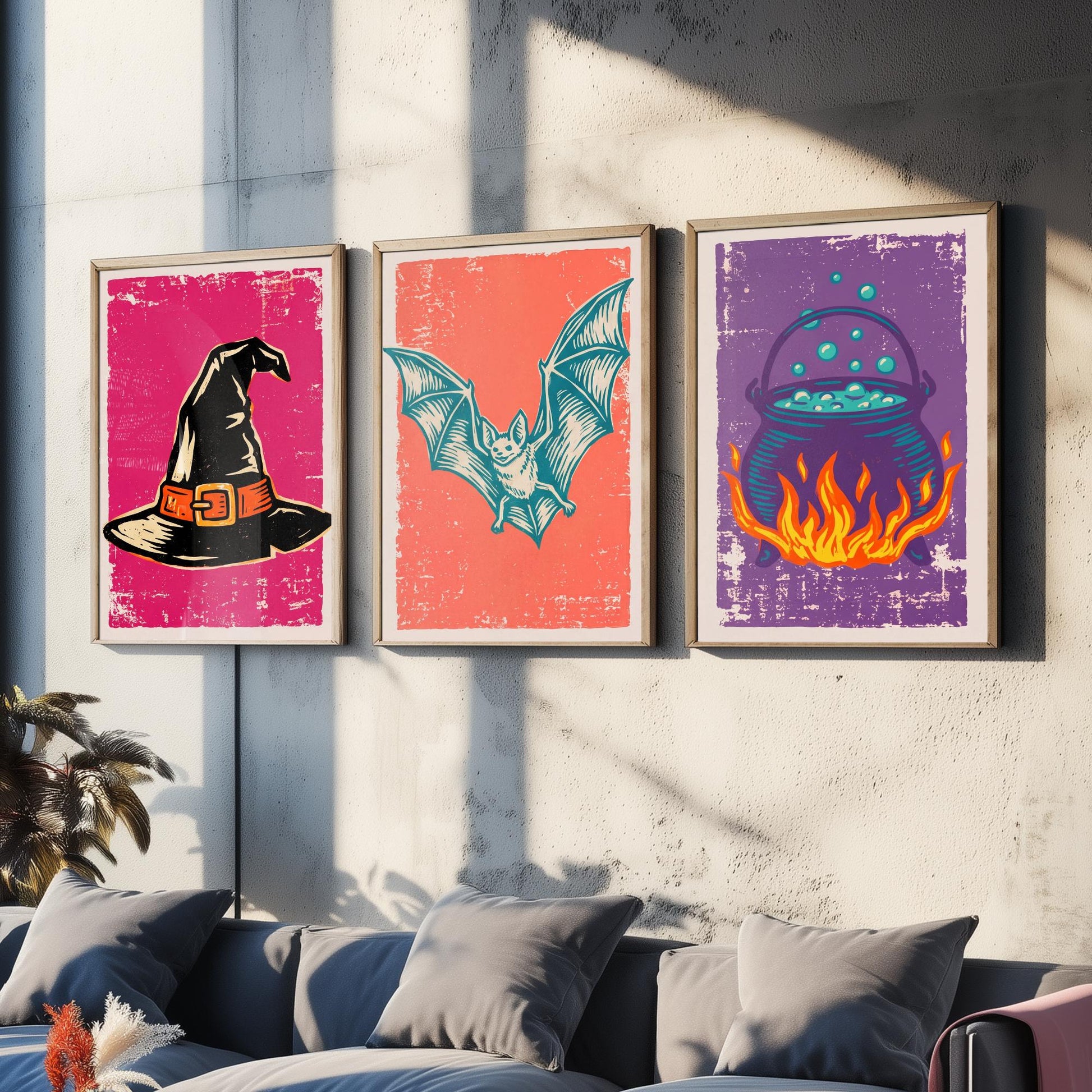 Witch Hat, Bat and Cauldron - Set of Three Linocut Illustrations - Halloween Art Prints - Trick or Treat Posters V1