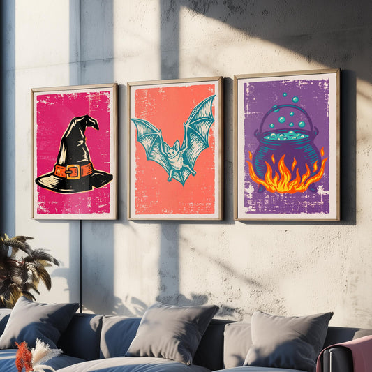 Witch Hat, Bat and Cauldron - Set of Three Linocut Illustrations - Halloween Art Prints - Trick or Treat Posters V1